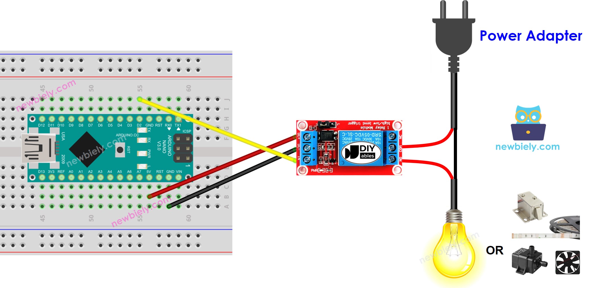 The wiring diagram between Arduino Nano and Relay