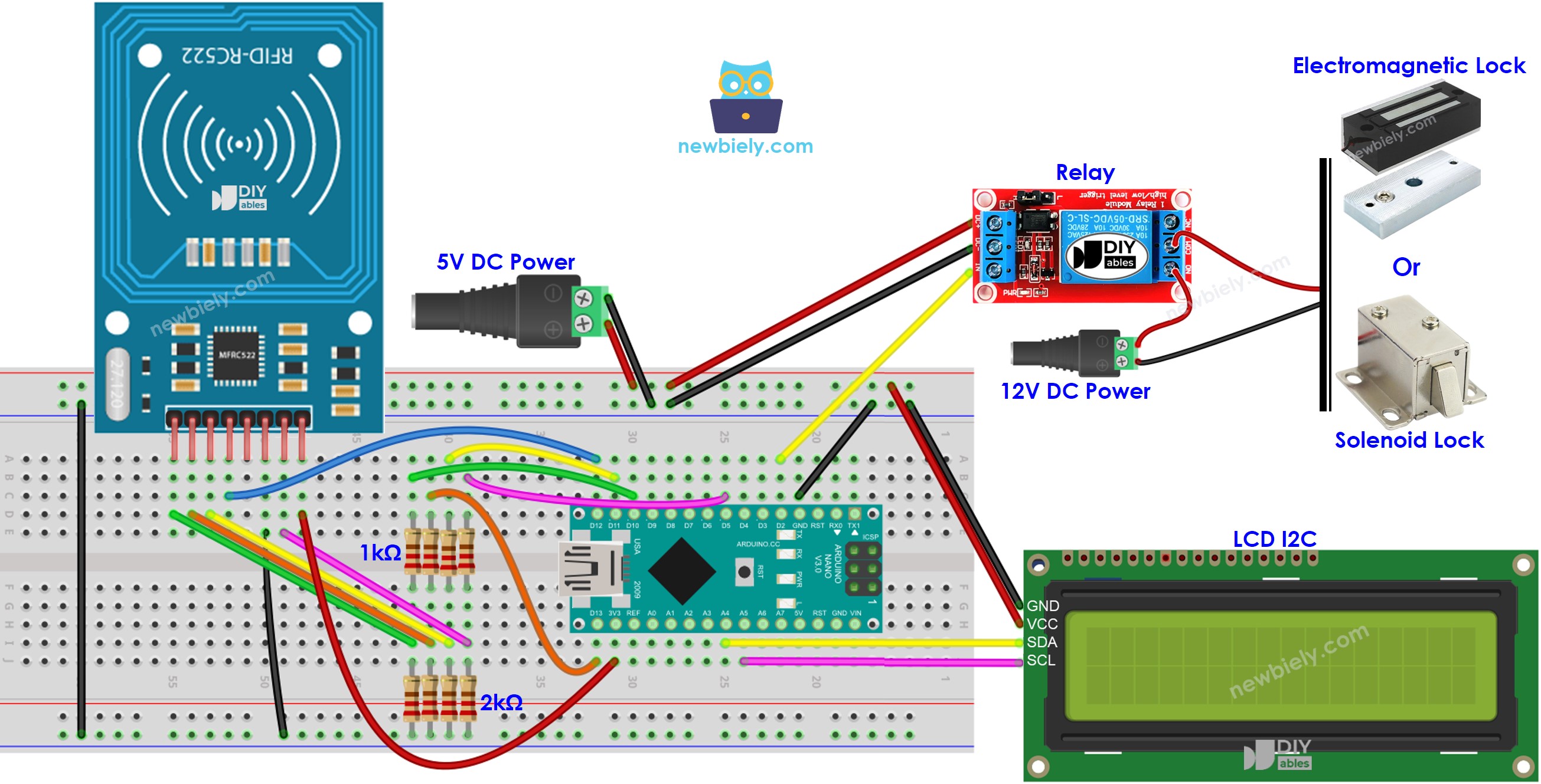 The wiring diagram between Arduino Nano and RFID RC522 door lock LCD