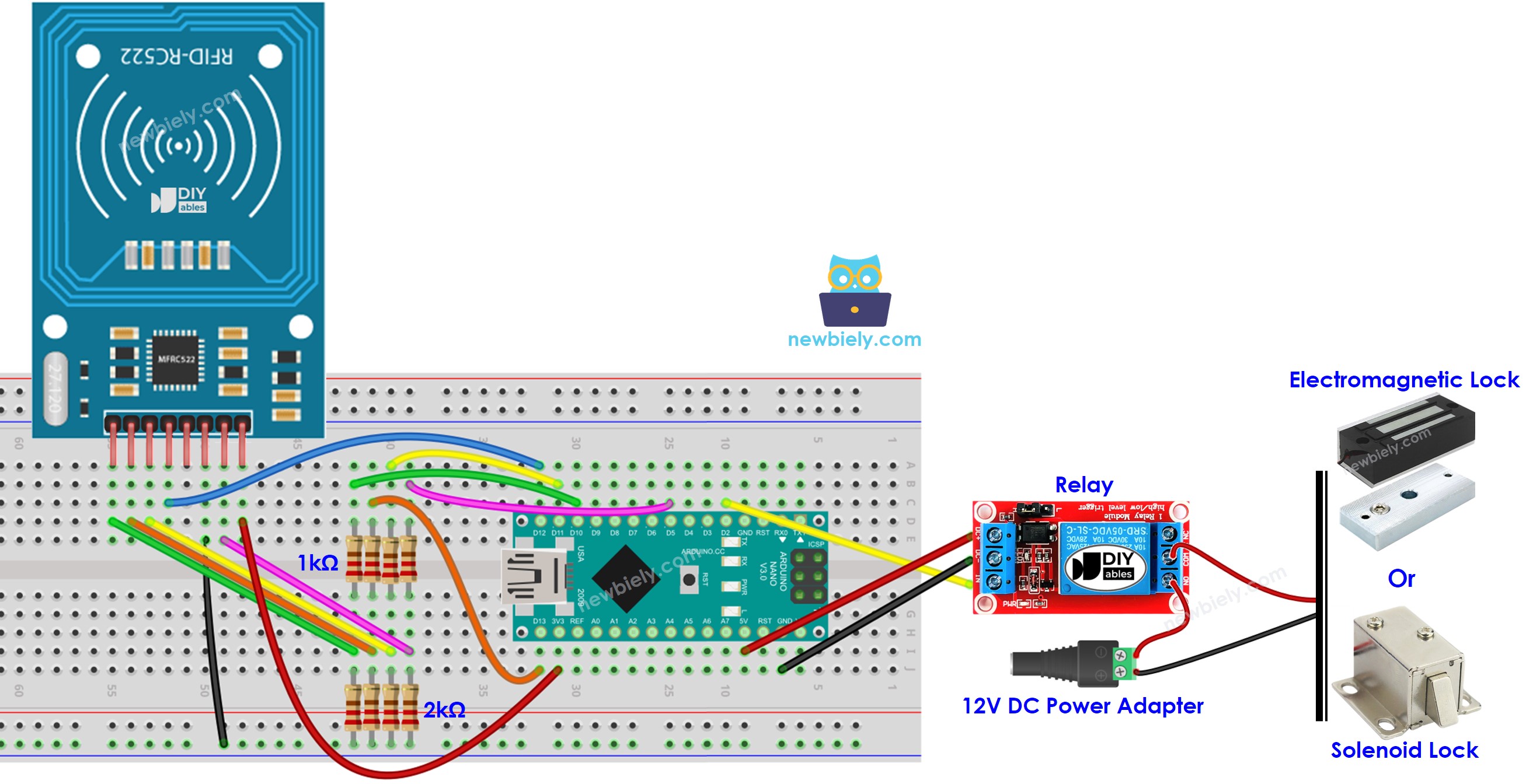 The wiring diagram between Arduino Nano and RFID RC522 with voltage regulated