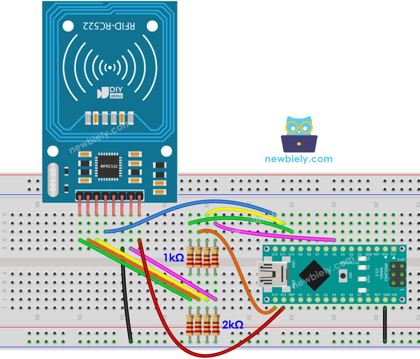 The wiring diagram between Arduino Nano and RFID RC522 with voltage regulated