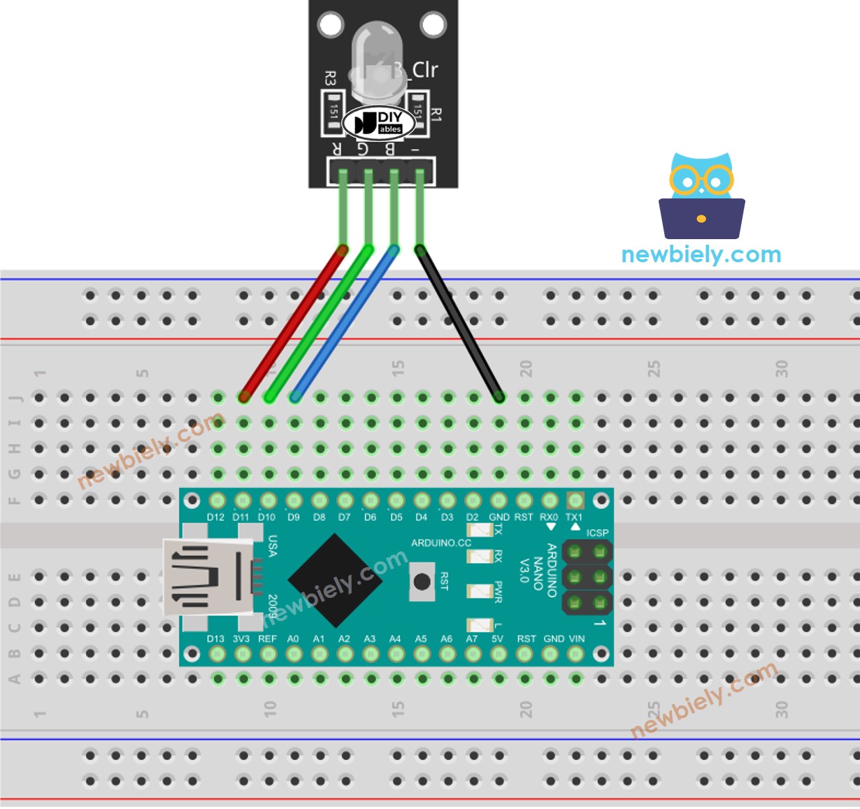 The wiring diagram between Arduino Nano and RGB LED module