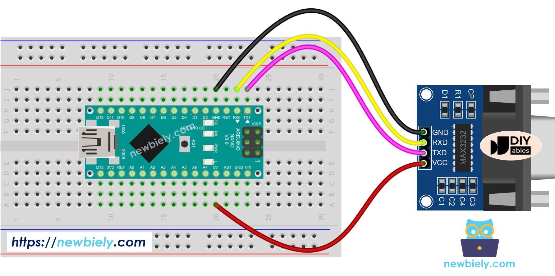 The wiring diagram between Arduino Nano and TTL to RS232