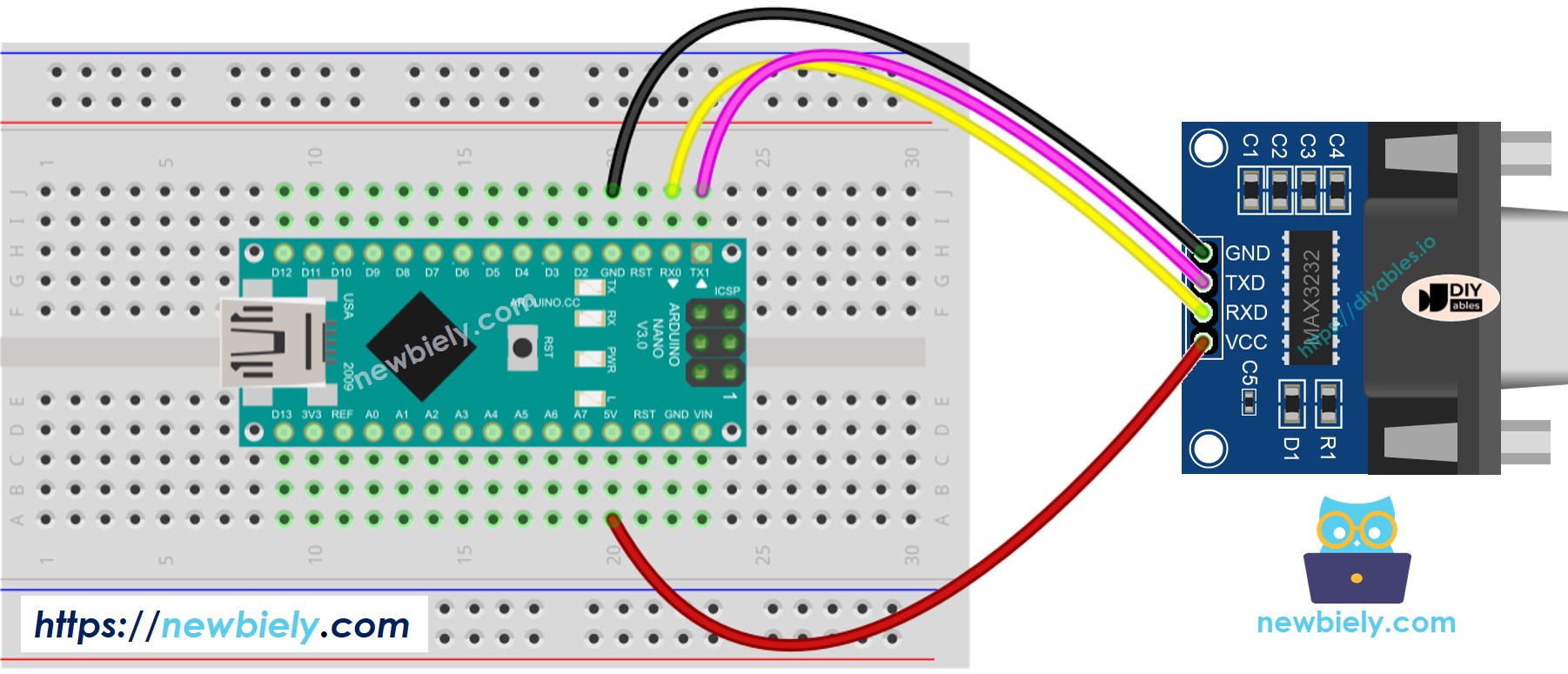 The wiring diagram between Arduino Nano and TTL to RS232