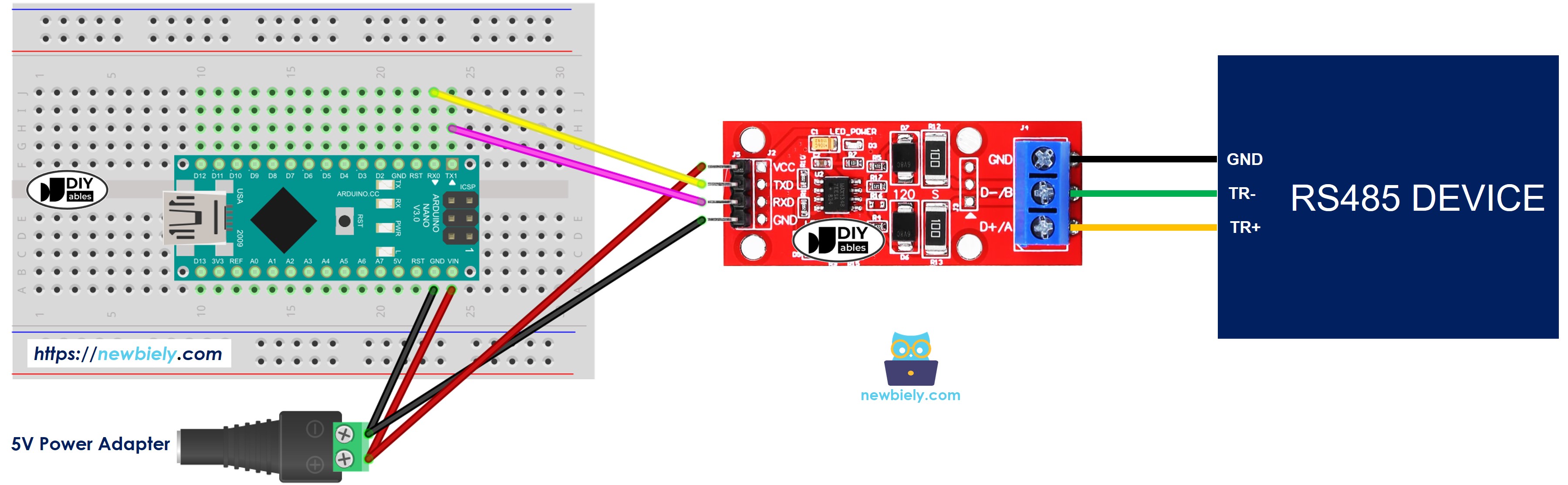 The wiring diagram between Arduino Nano and TTL to RS485