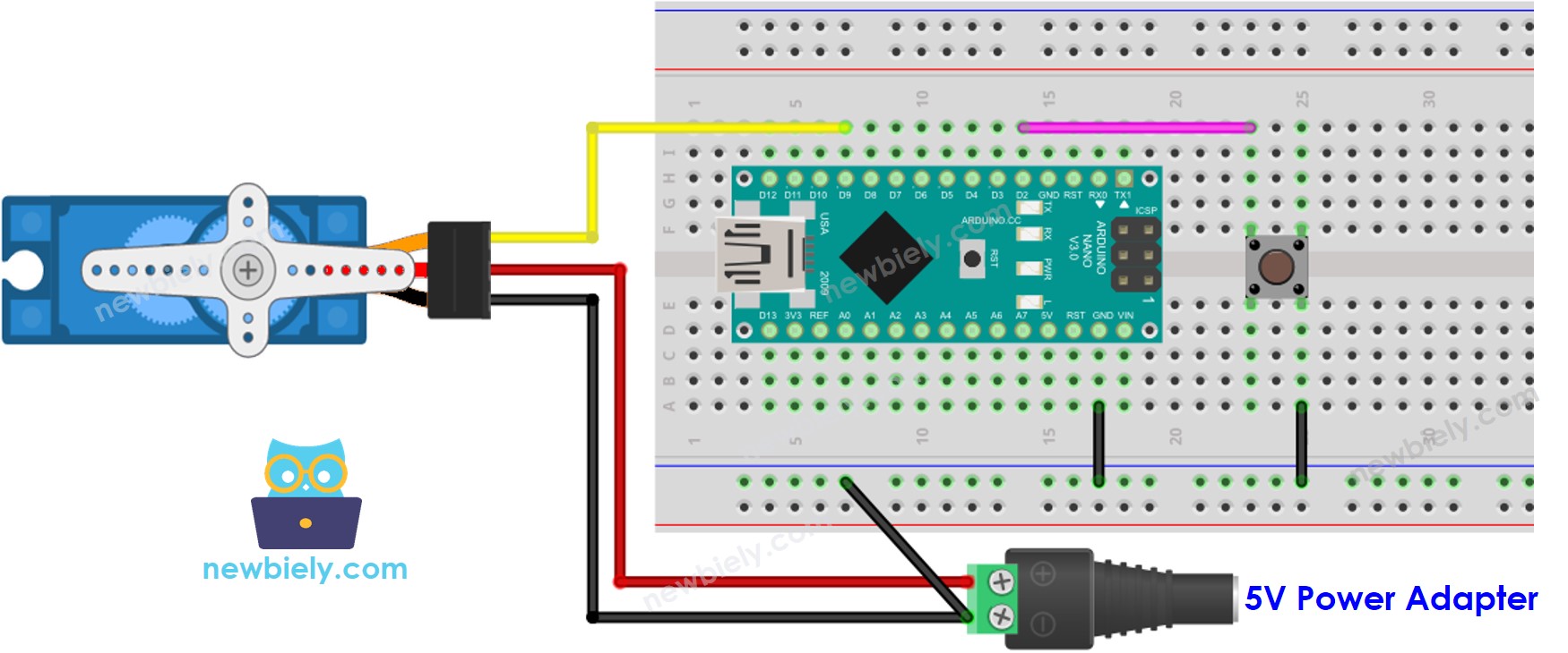 The wiring diagram between Arduino Nano and Servo Motor Button