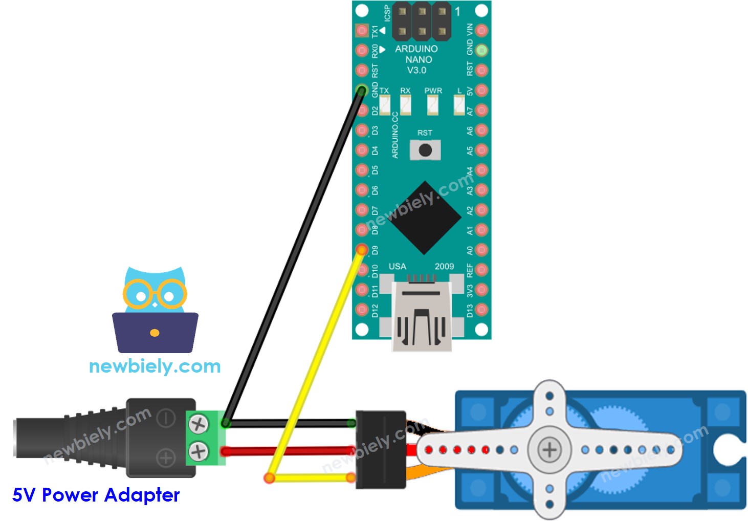 The wiring diagram between Arduino Nano and servo motor external power supply