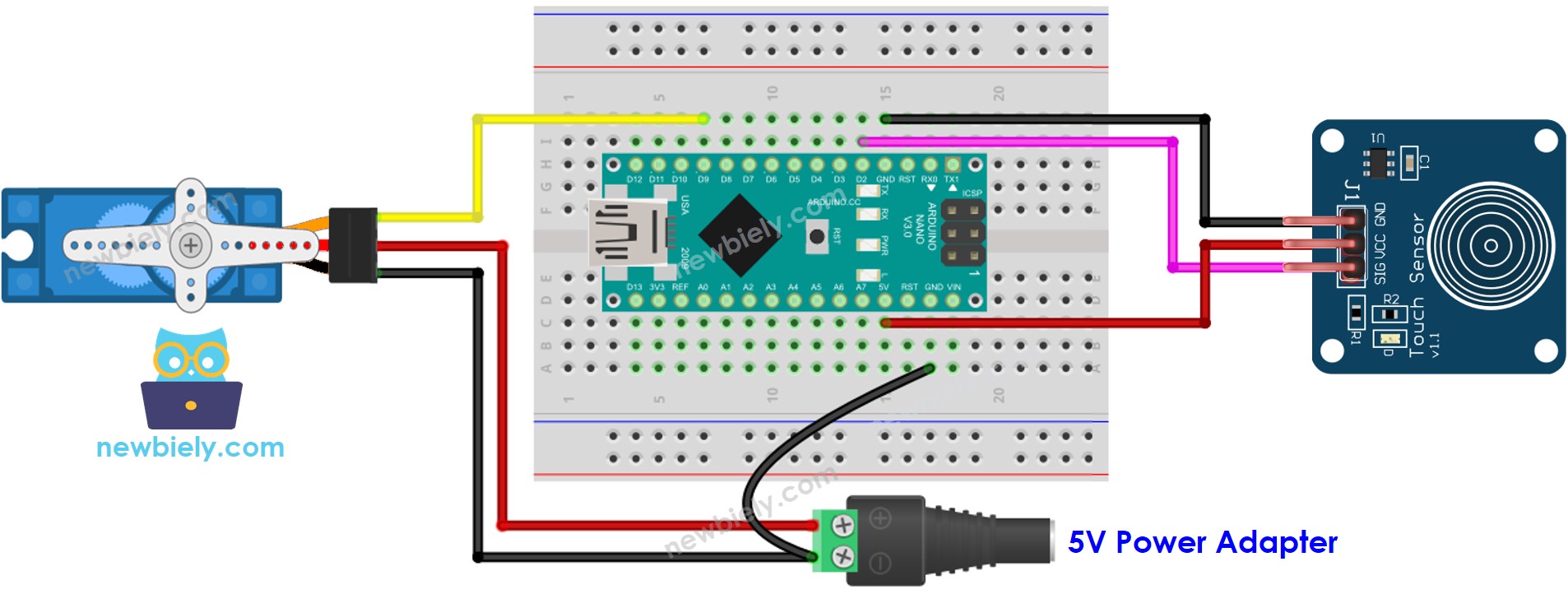 The wiring diagram between Arduino Nano and Touch Sensor Servo Motor