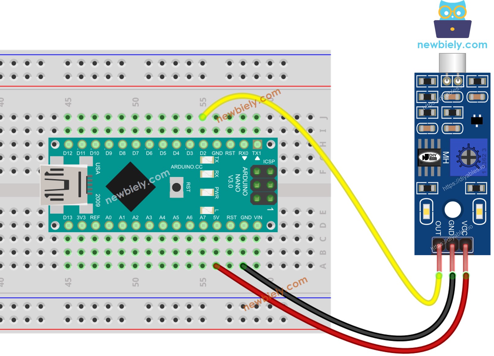 The wiring diagram between Arduino Nano and Sound Sensor