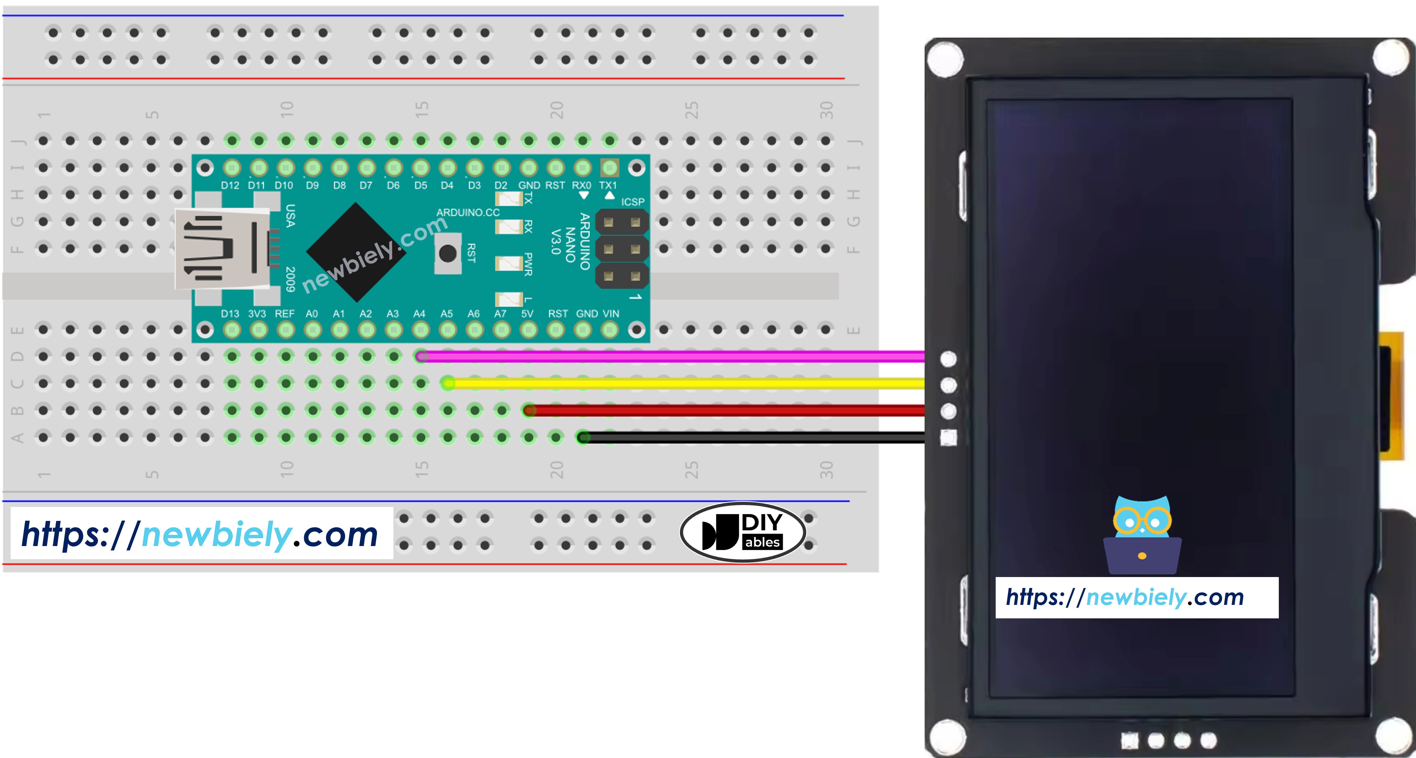 The wiring diagram between Arduino Nano and SSD1309 OLED