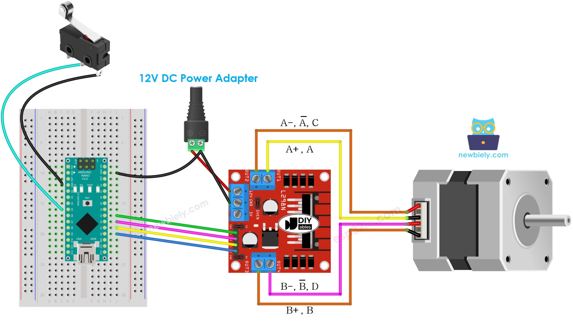 The wiring diagram between Arduino Nano and stepper motor and limit switch