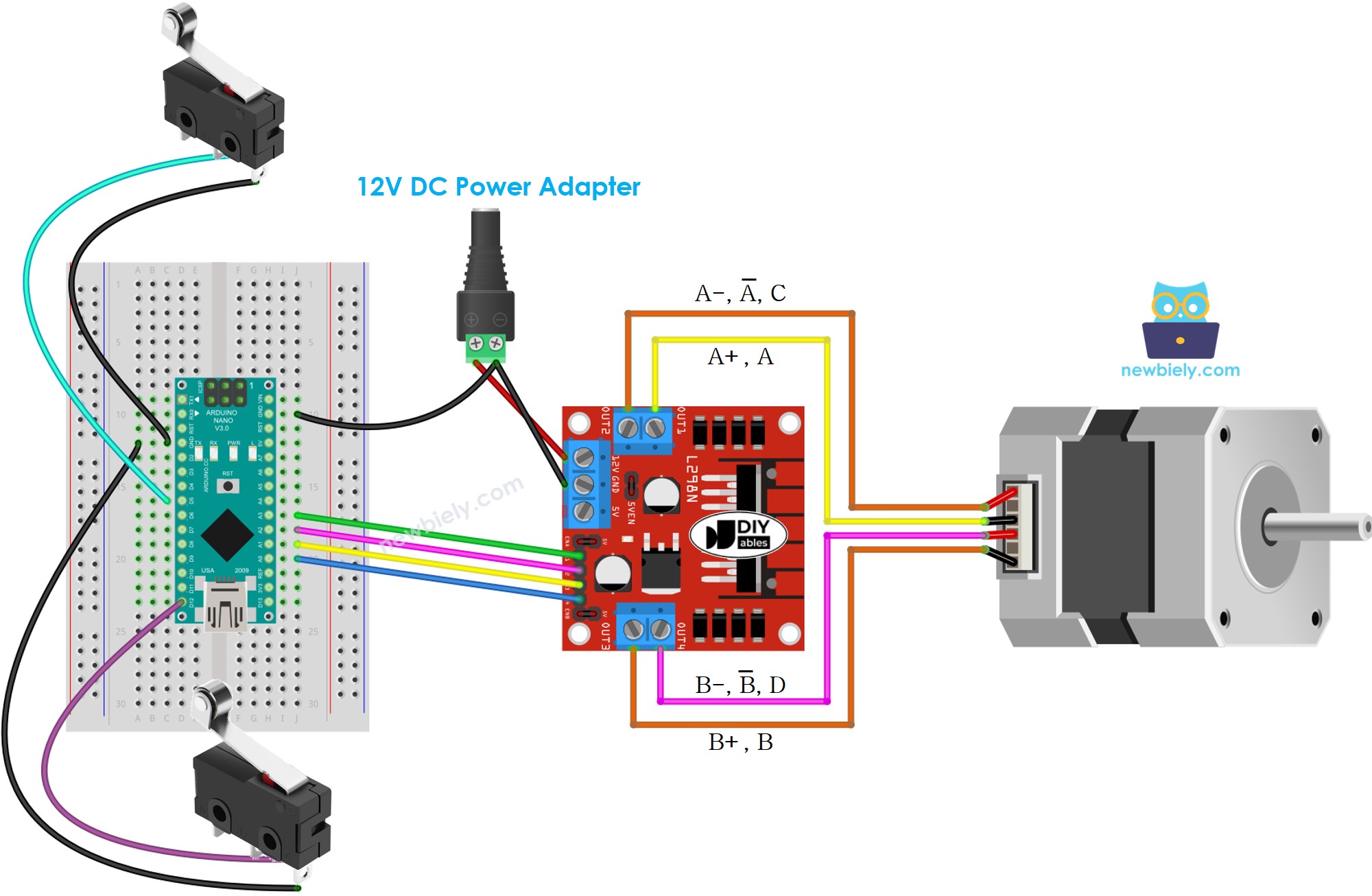 The wiring diagram between Arduino Nano and stepper motor and two limit switches