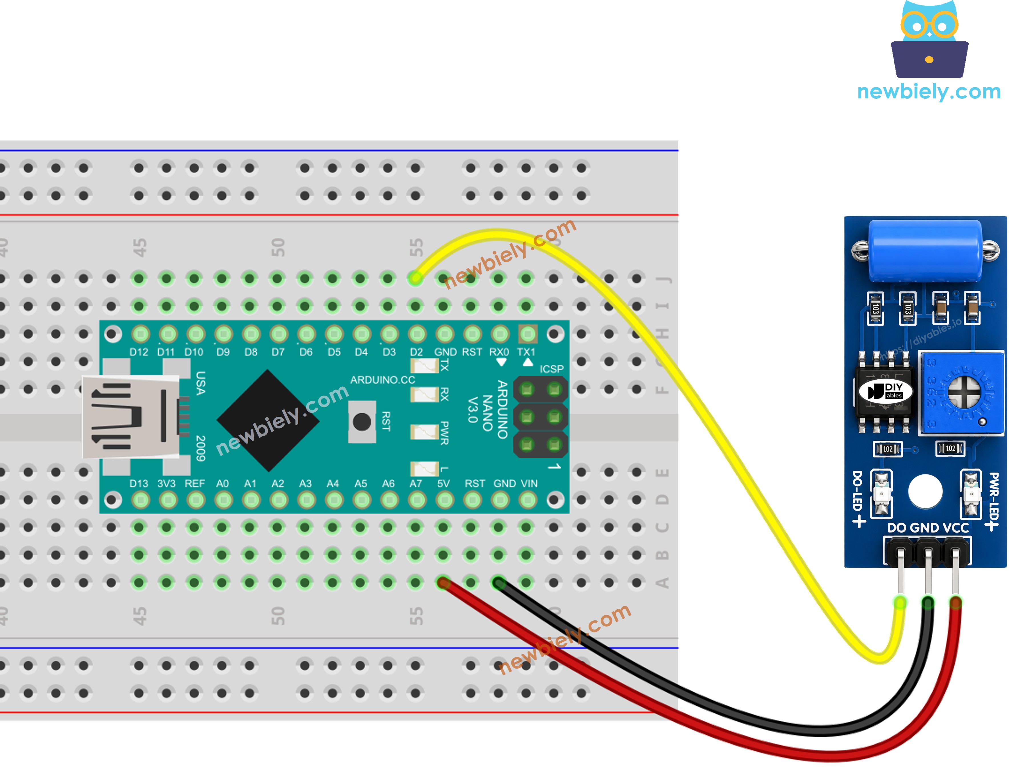 The wiring diagram between Arduino Nano and SW-420 Vibration Sensor