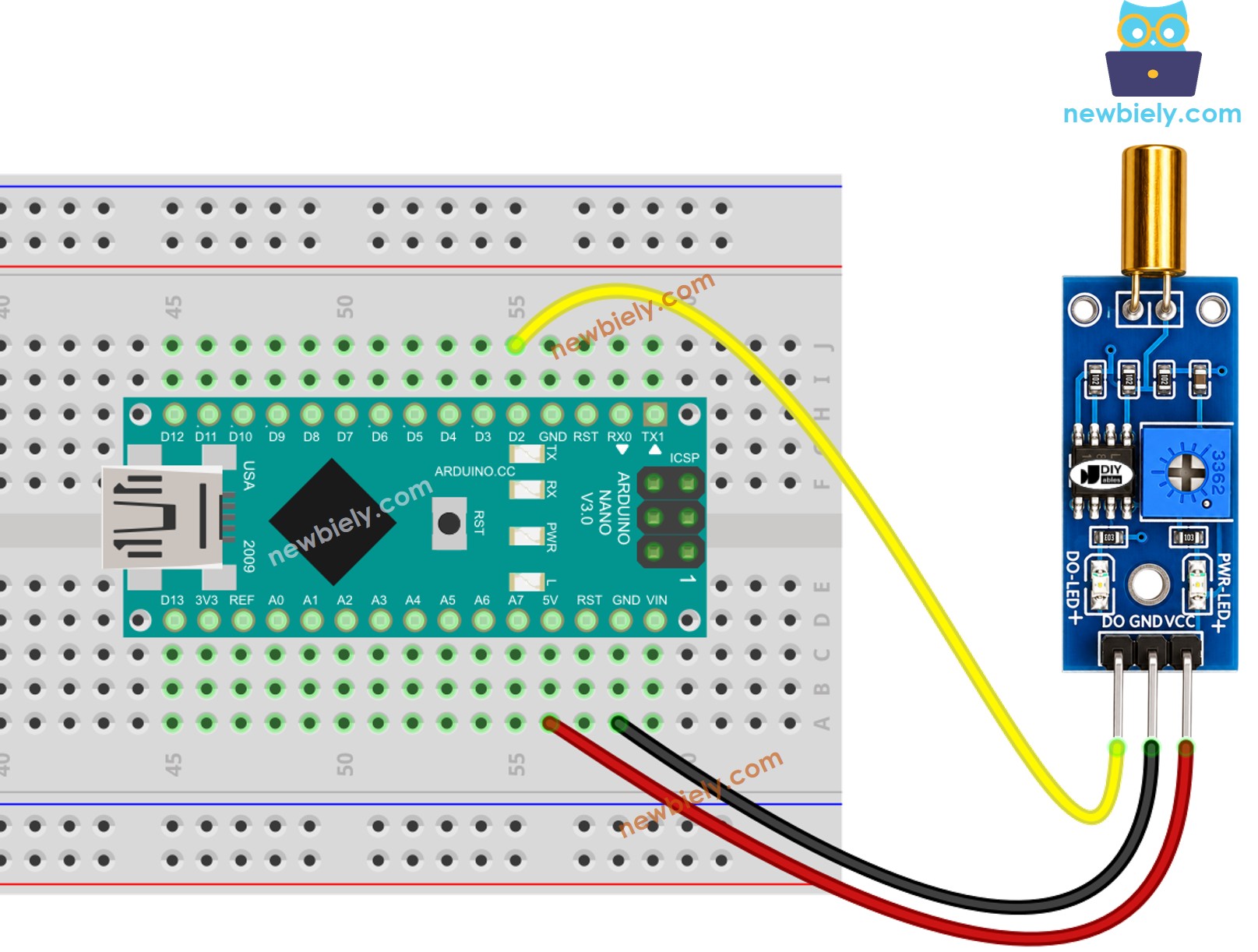 The wiring diagram between Arduino Nano and SW520D Tilt Sensor