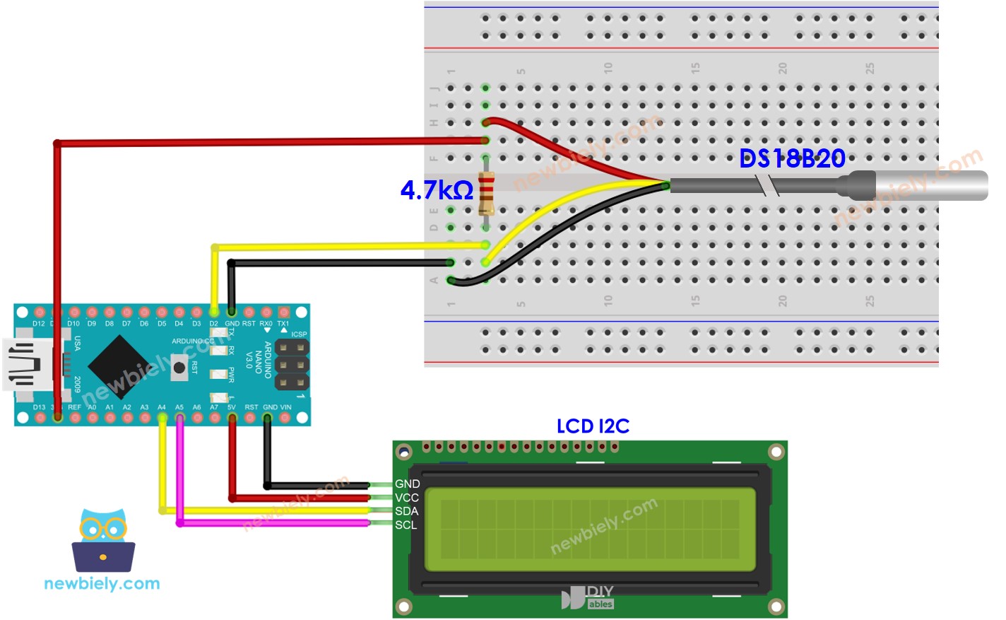 The wiring diagram between Arduino Nano and Temperature Sensor LCD