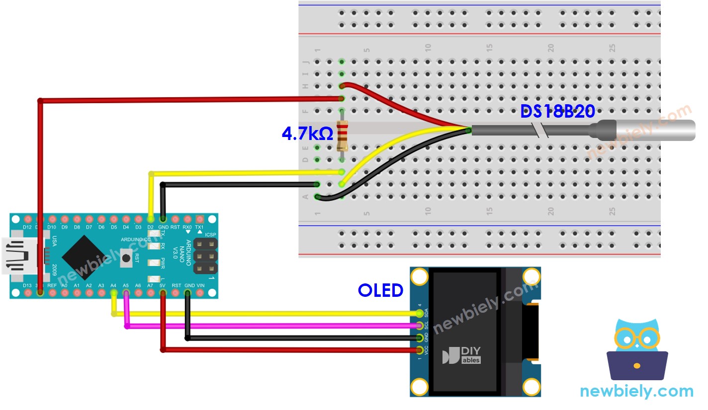 The wiring diagram between Arduino Nano and Temperature Sensor OLED