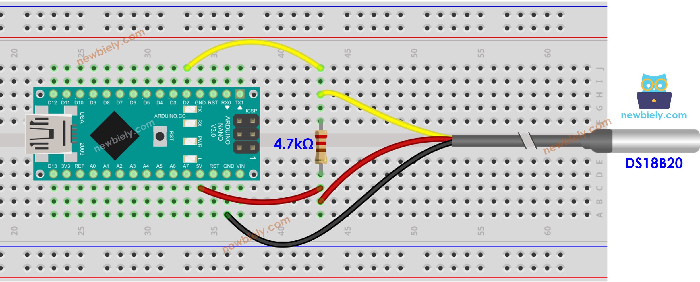 The wiring diagram between Arduino Nano and temperature sensor