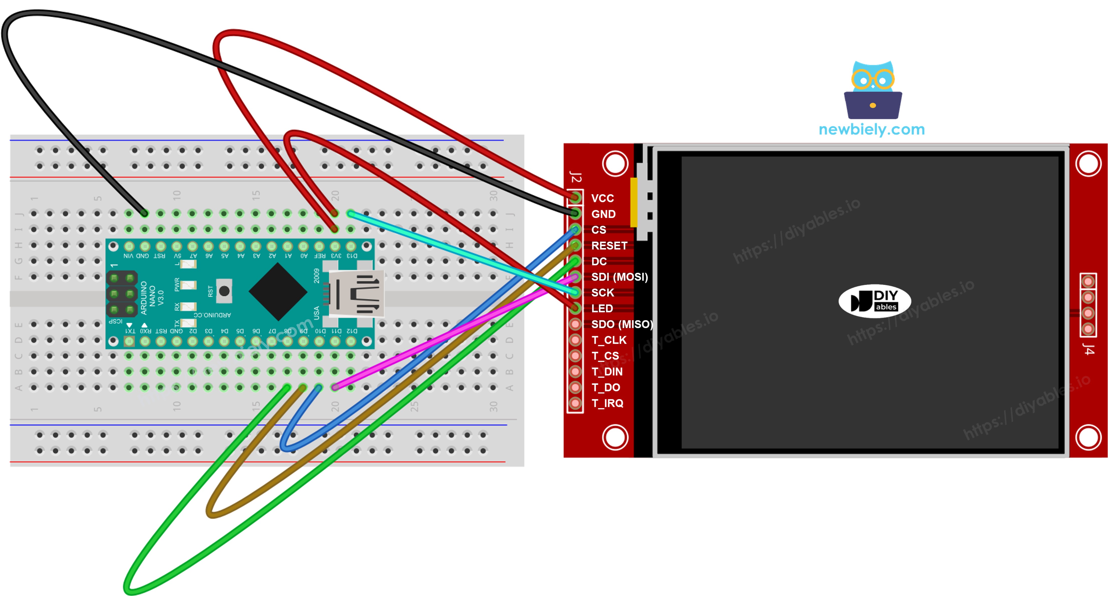 The wiring diagram between Arduino Nano and TFT SPI Display  without touch