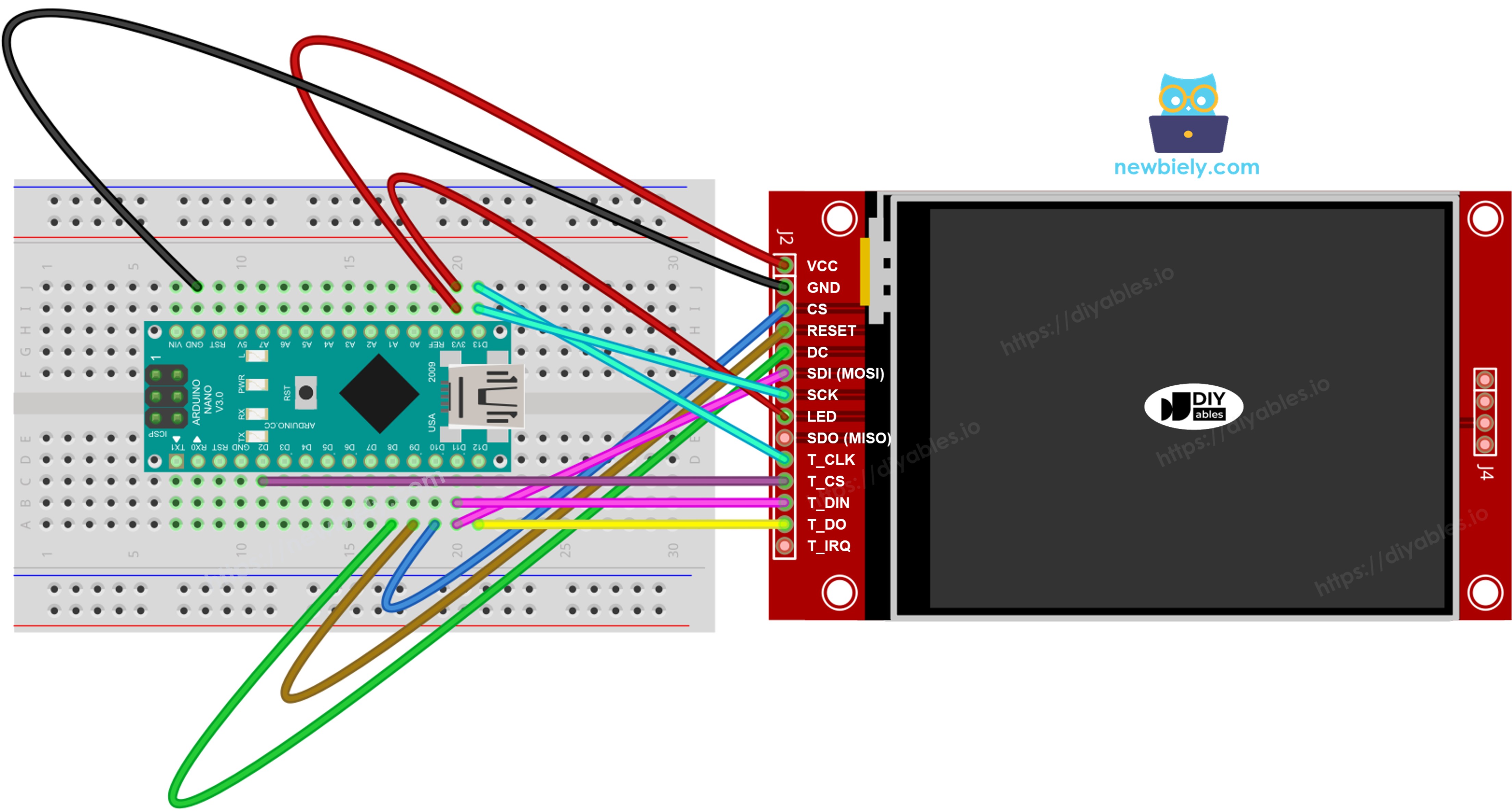 The wiring diagram between Arduino Nano and TFT SPI Display  with touch