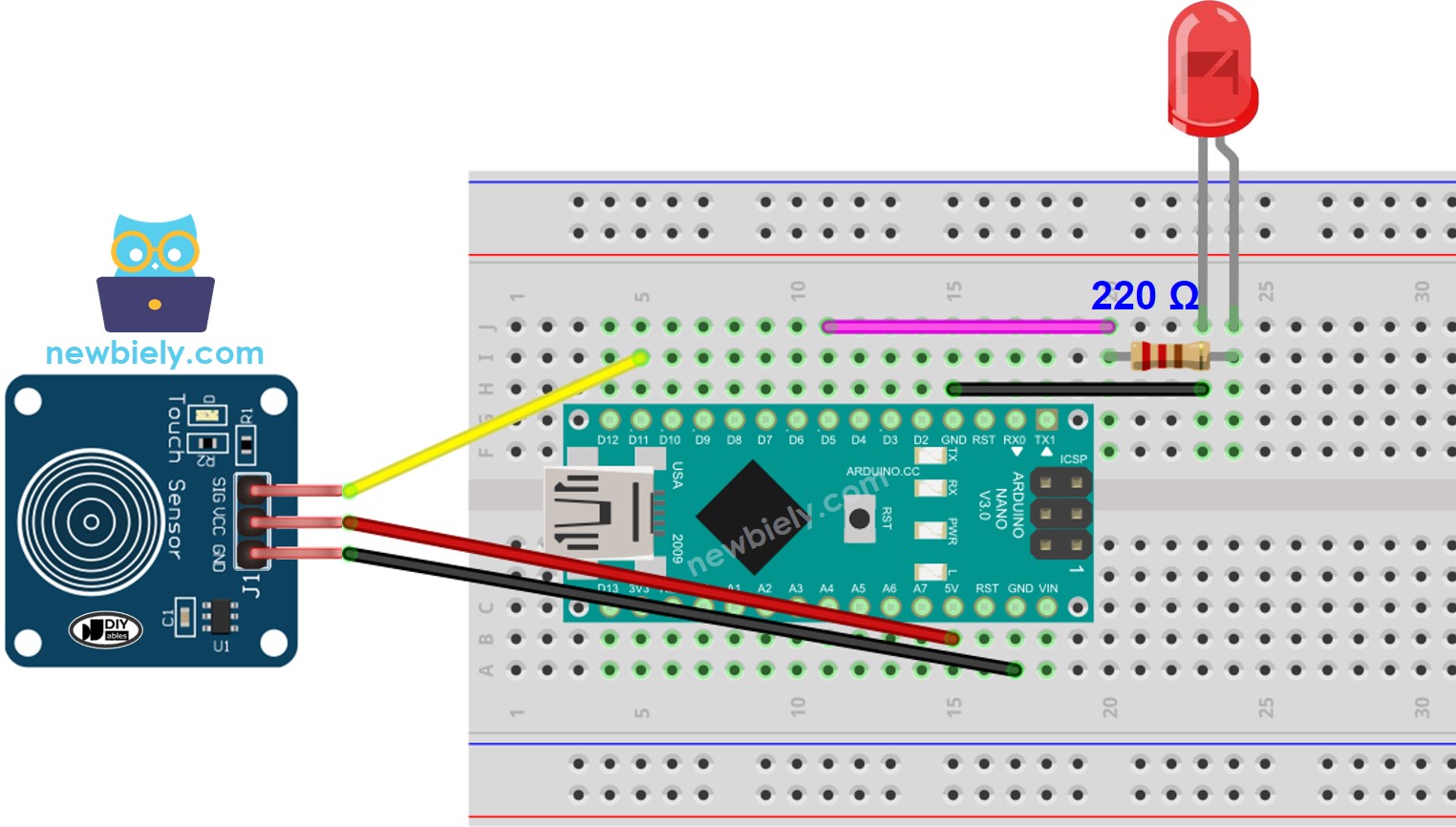 The wiring diagram between Arduino Nano and touch sensor LED