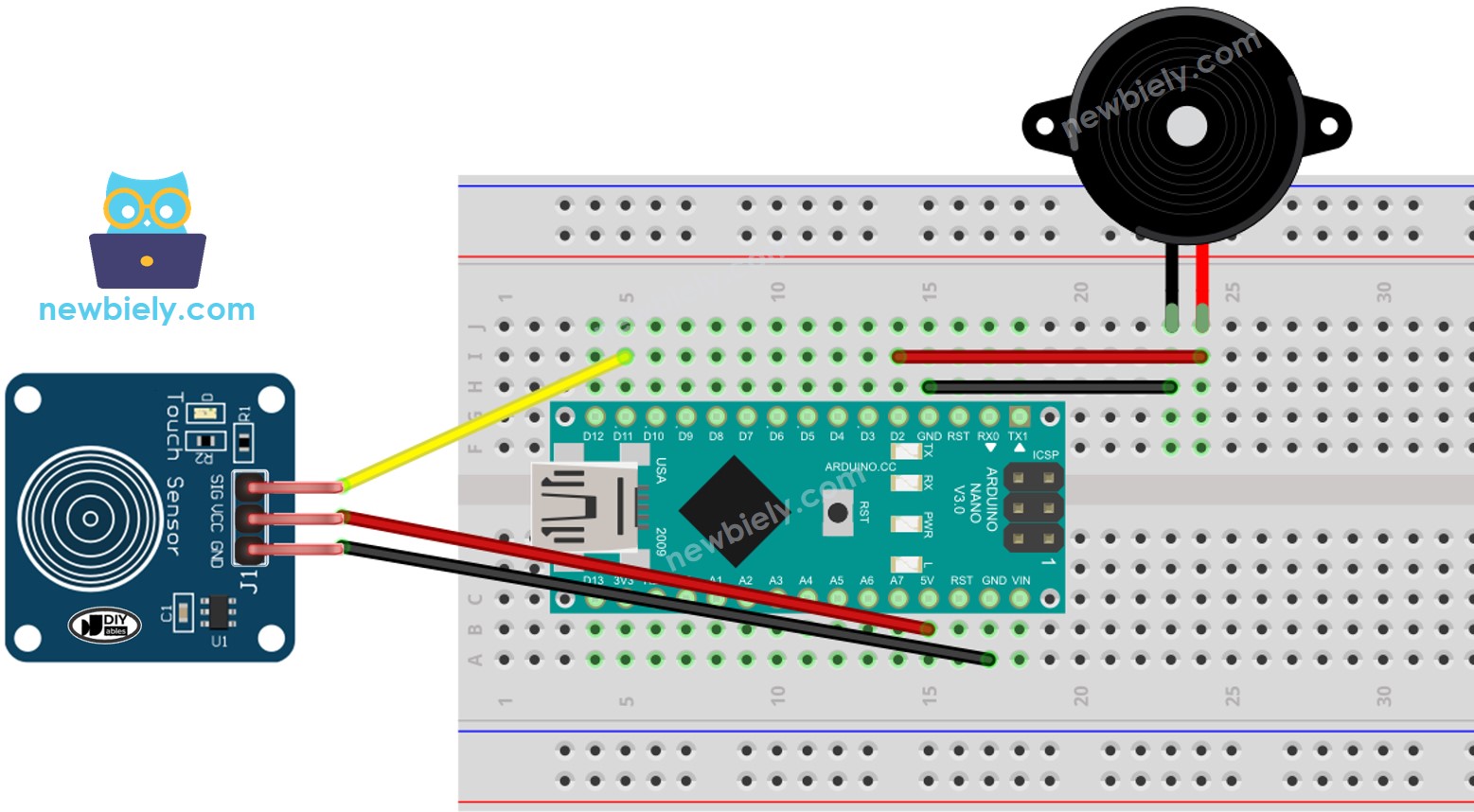 The wiring diagram between Arduino Nano and Touch Sensor Piezo Buzzer