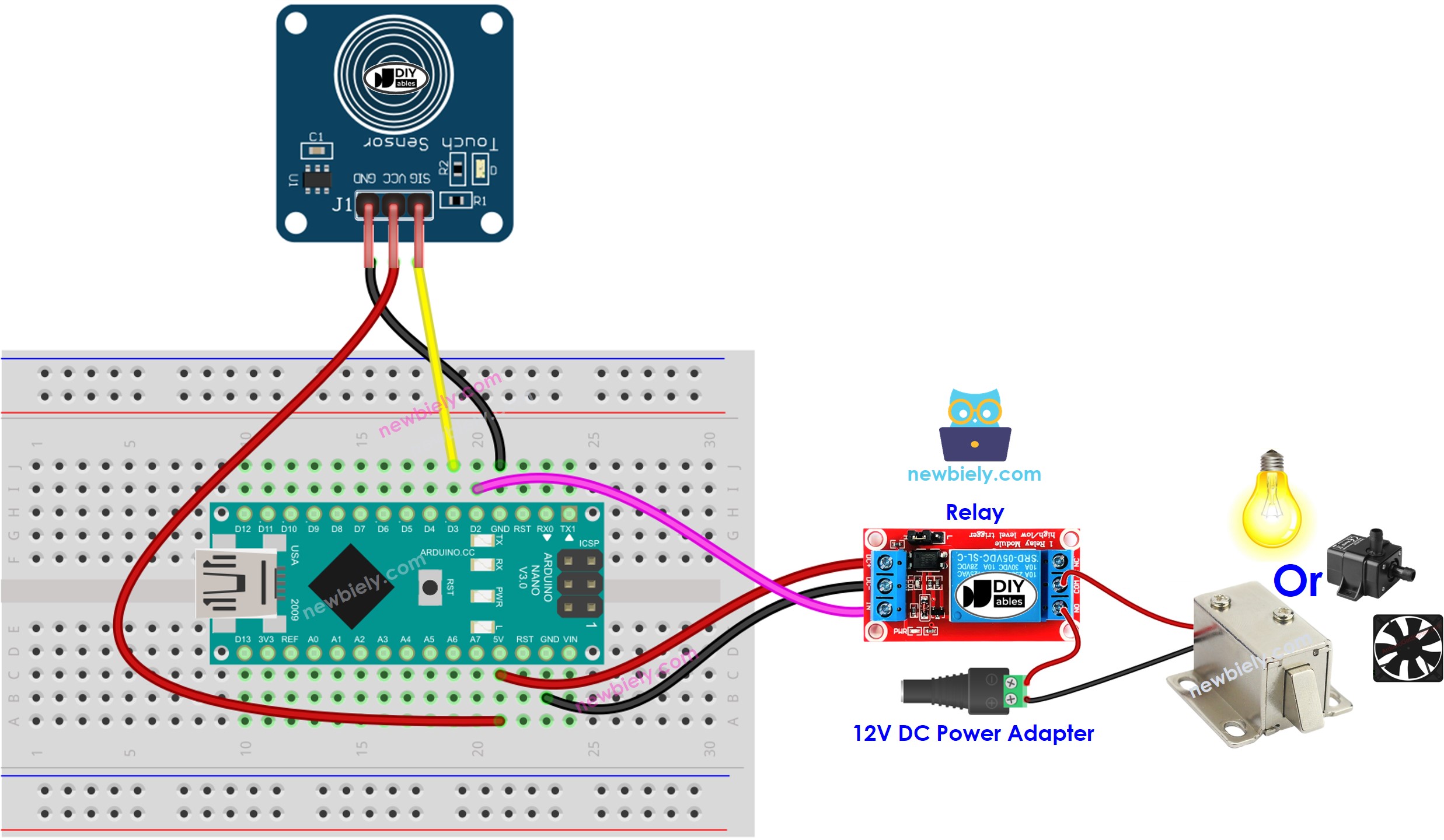 The wiring diagram between Arduino Nano and touch sensor relay