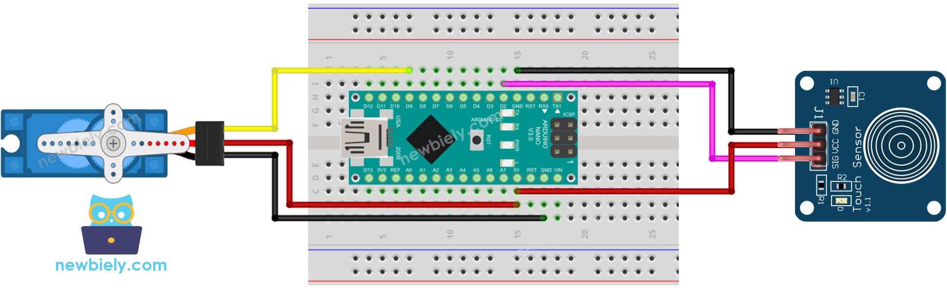 The wiring diagram between Arduino Nano and Touch Sensor Servo Motor