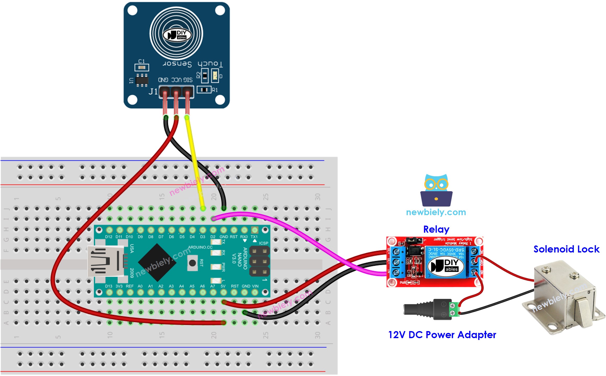 The wiring diagram between Arduino Nano and touch sensor solenoid lock