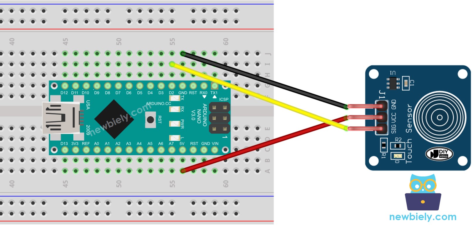 The wiring diagram between Arduino Nano and Touch Sensor