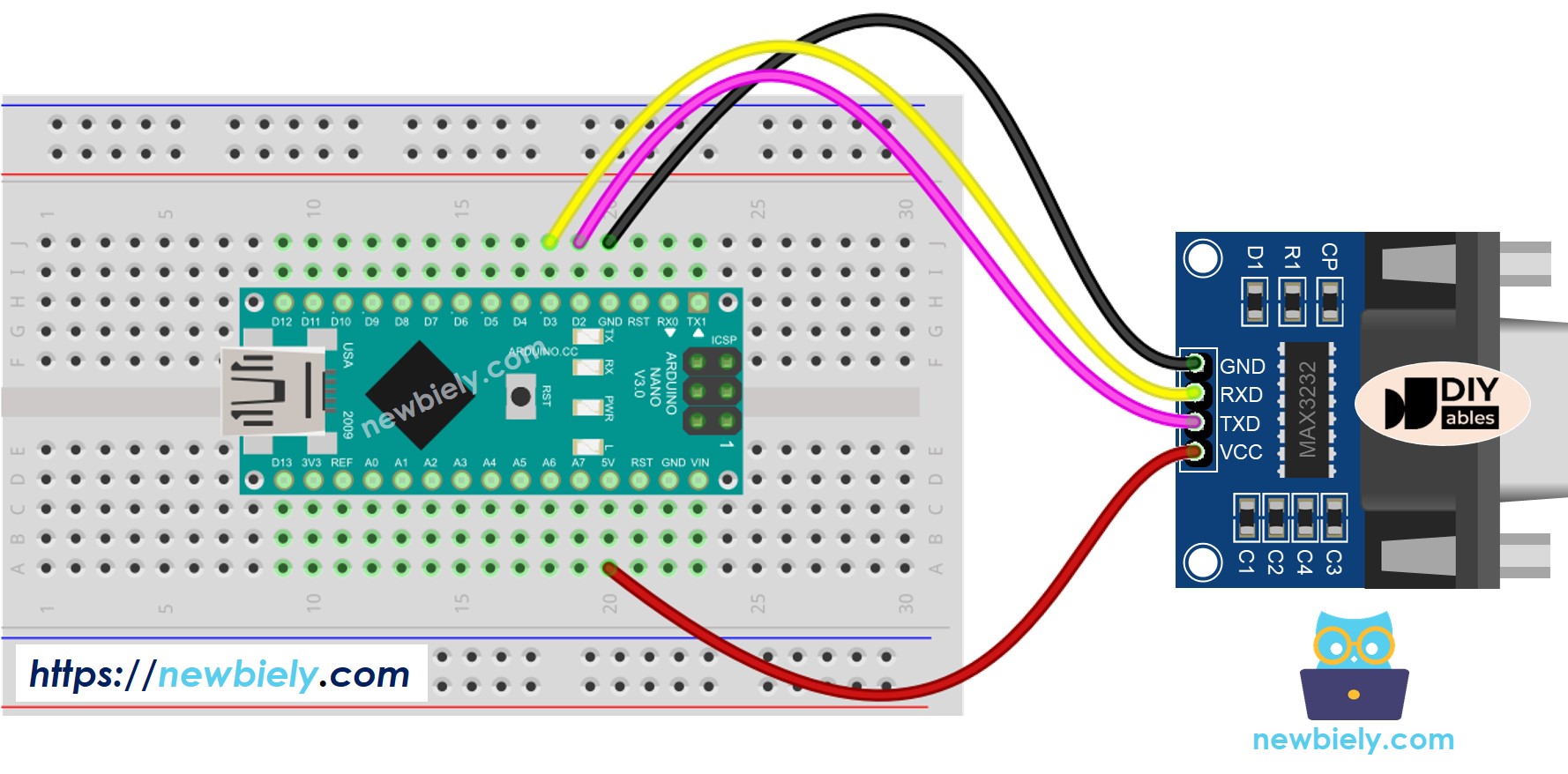 The wiring diagram between Arduino Nano and RS232 to TTL