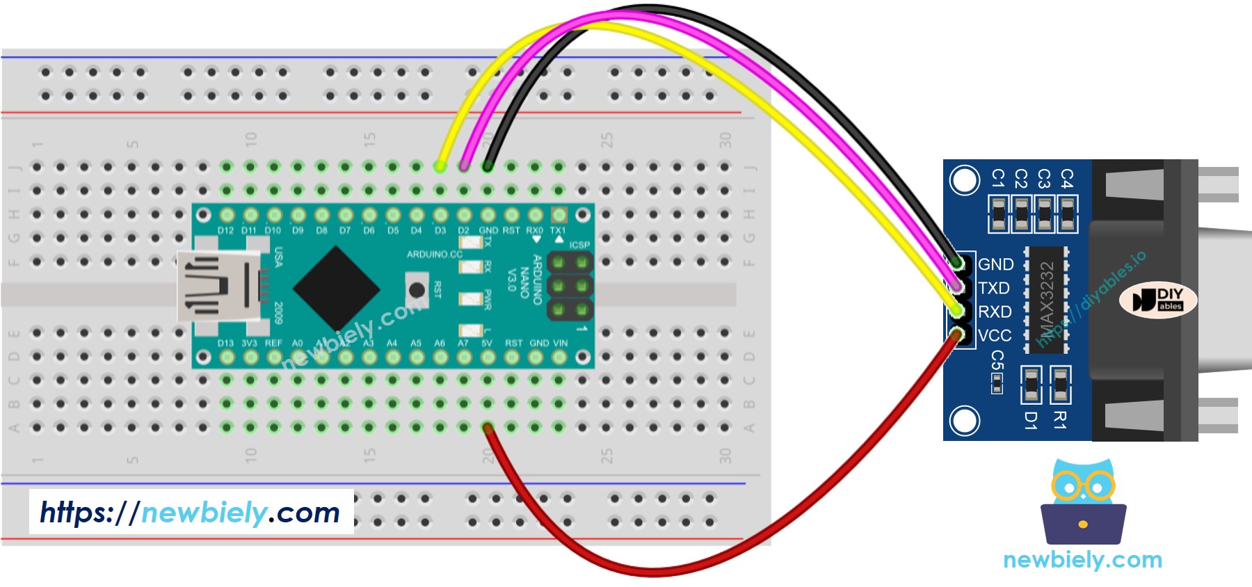 The wiring diagram between Arduino Nano and RS232 to TTL