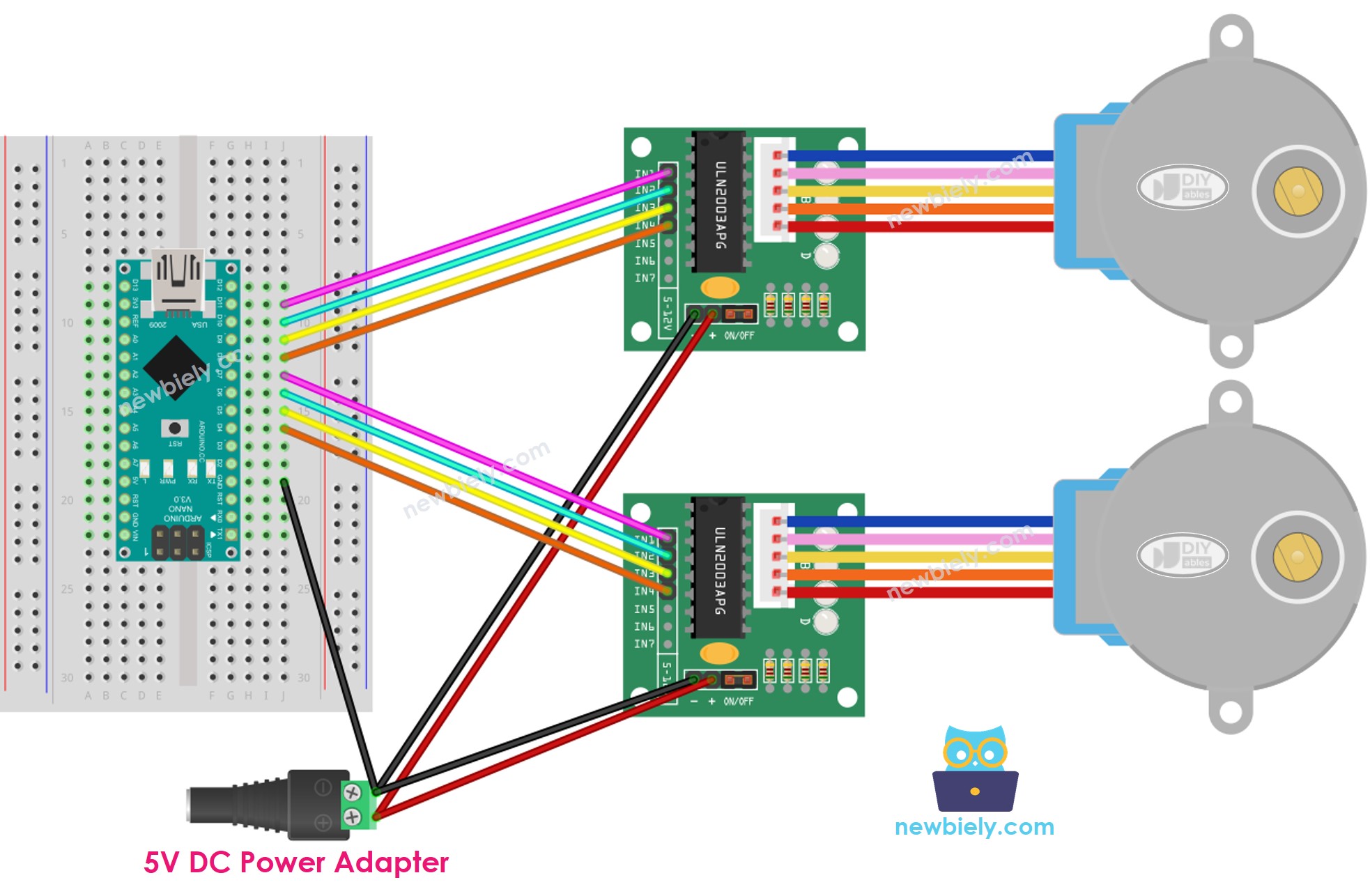 The wiring diagram between Arduino Nano and two stepper motor ULN2003 driver