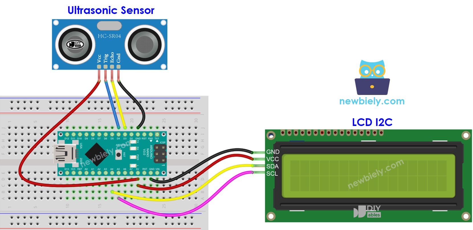 The wiring diagram between Arduino Nano and Ultrasonic Sensor LCD