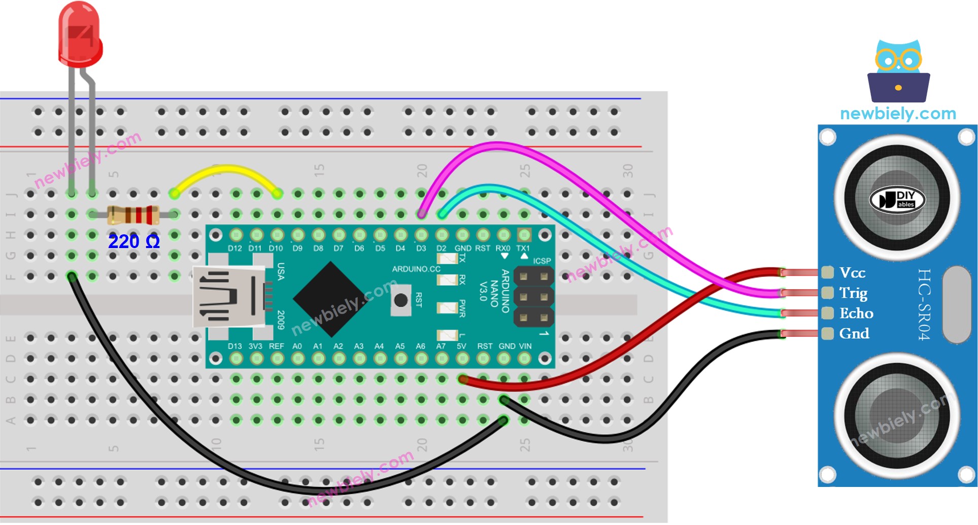 The wiring diagram between Arduino Nano and Ultrasonic Sensor LED