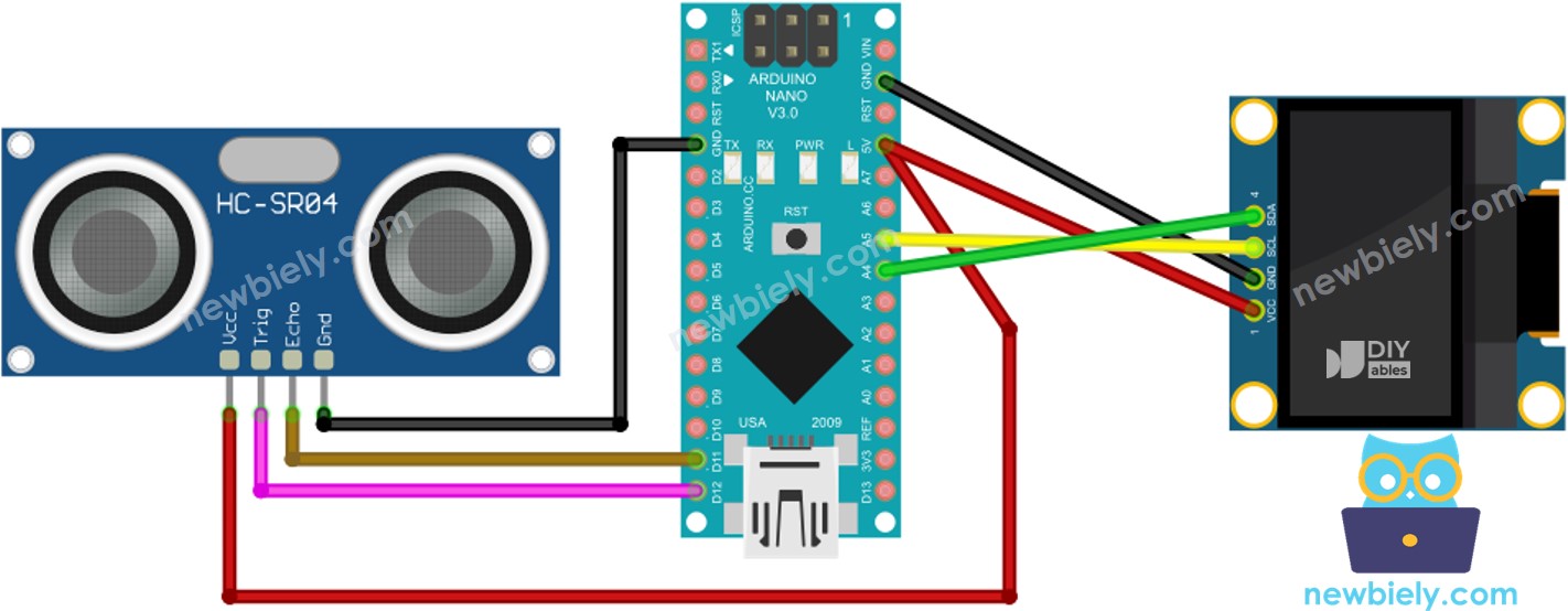 The wiring diagram between Arduino Nano and Ultrasonic Sensor OLED