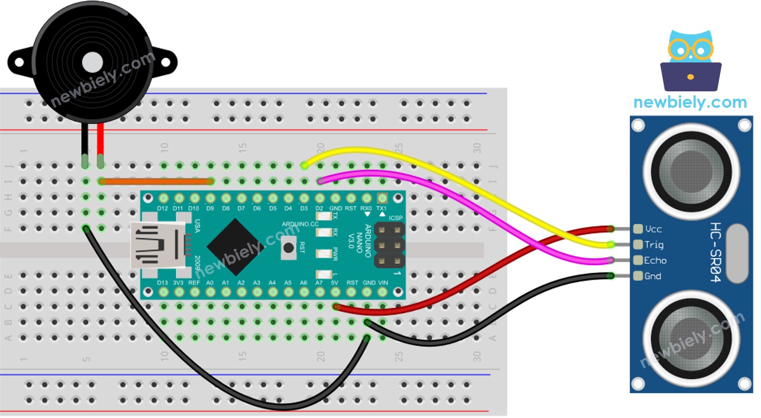 The wiring diagram between Arduino Nano and Ultrasonic Sensor Piezo Buzzer
