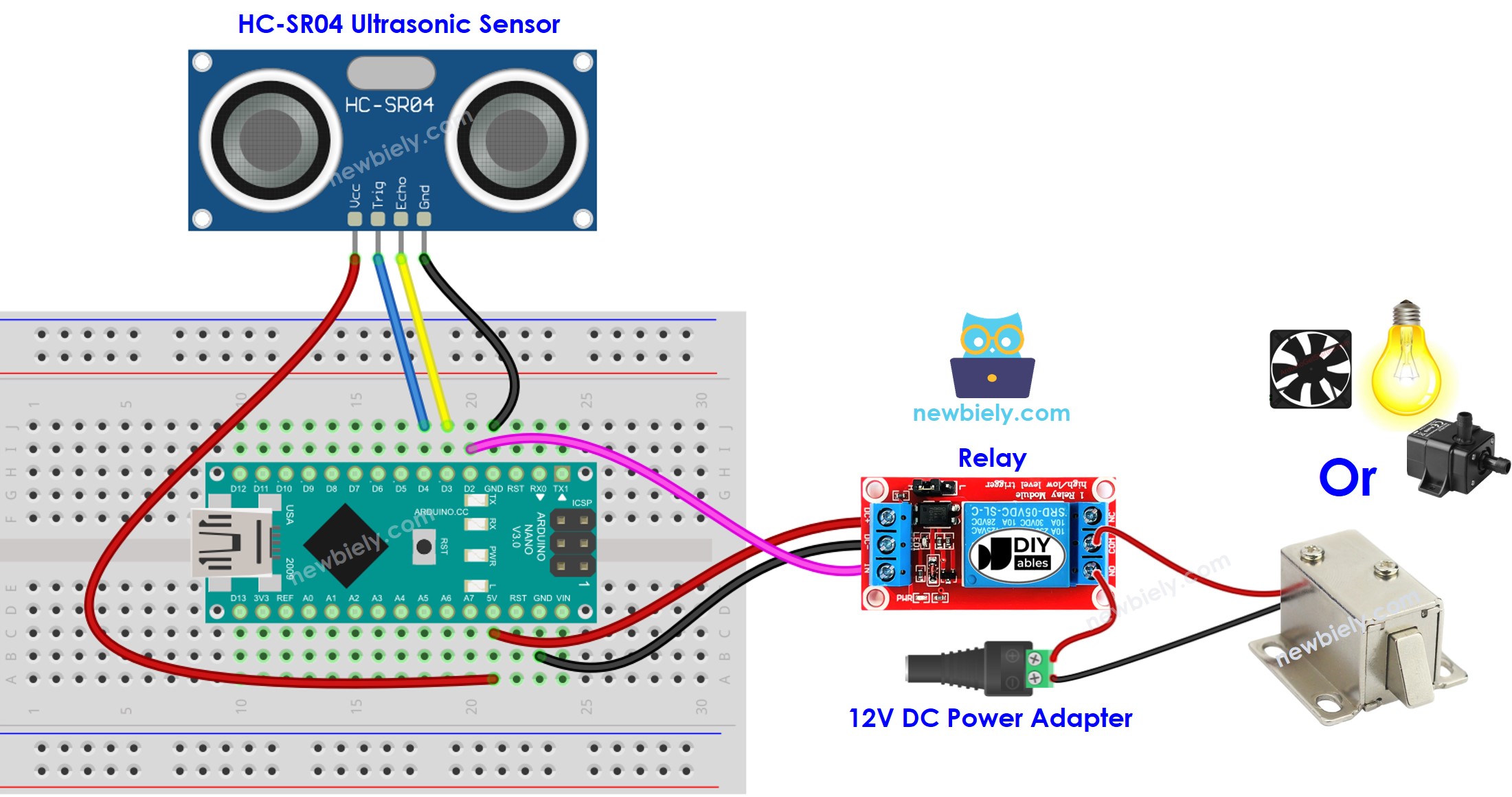 The wiring diagram between Arduino Nano and Ultrasonic Sensor Relay