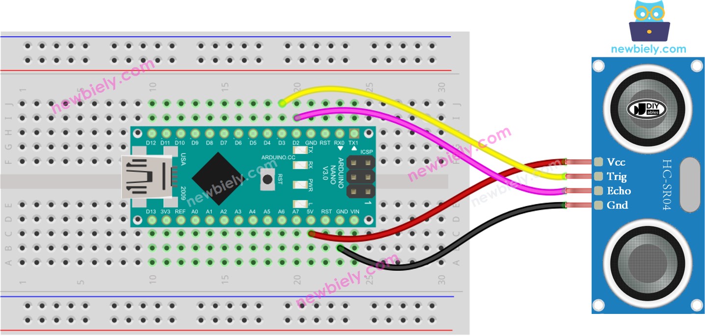 The wiring diagram between Arduino Nano and ultrasonic sensor