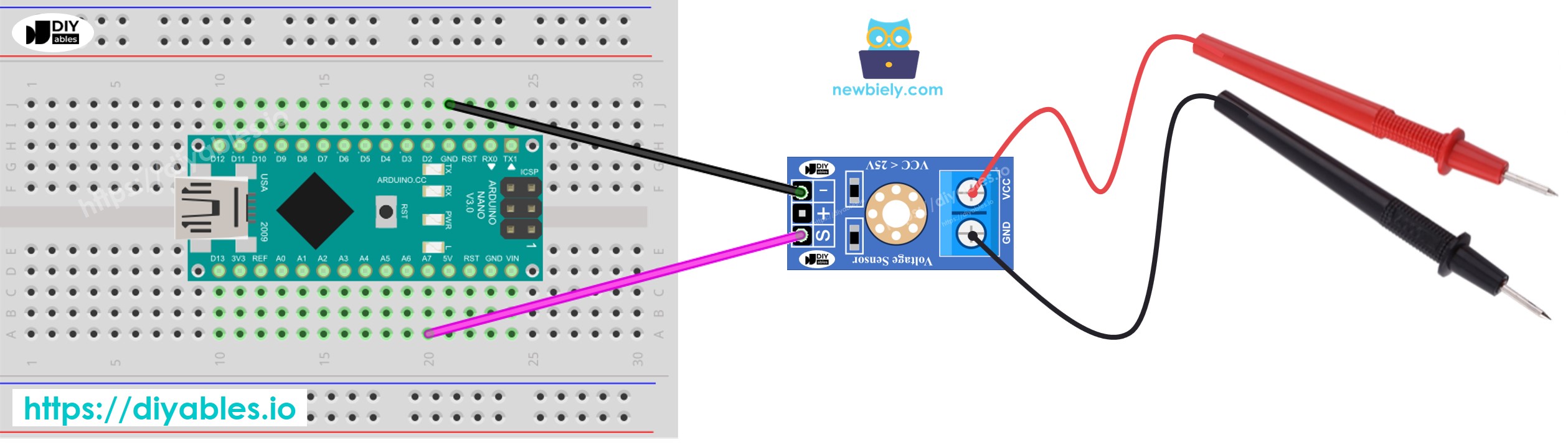 The wiring diagram between Arduino Nano and voltage sensor