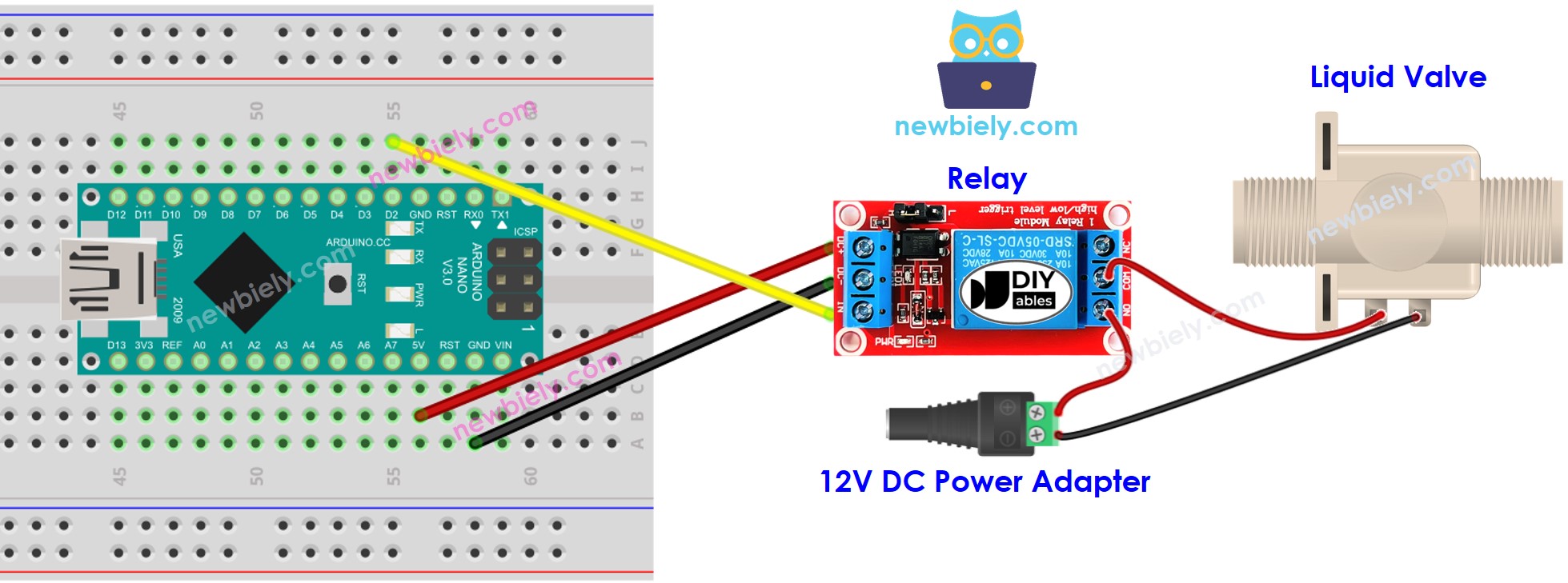 The wiring diagram between Arduino Nano and water valve