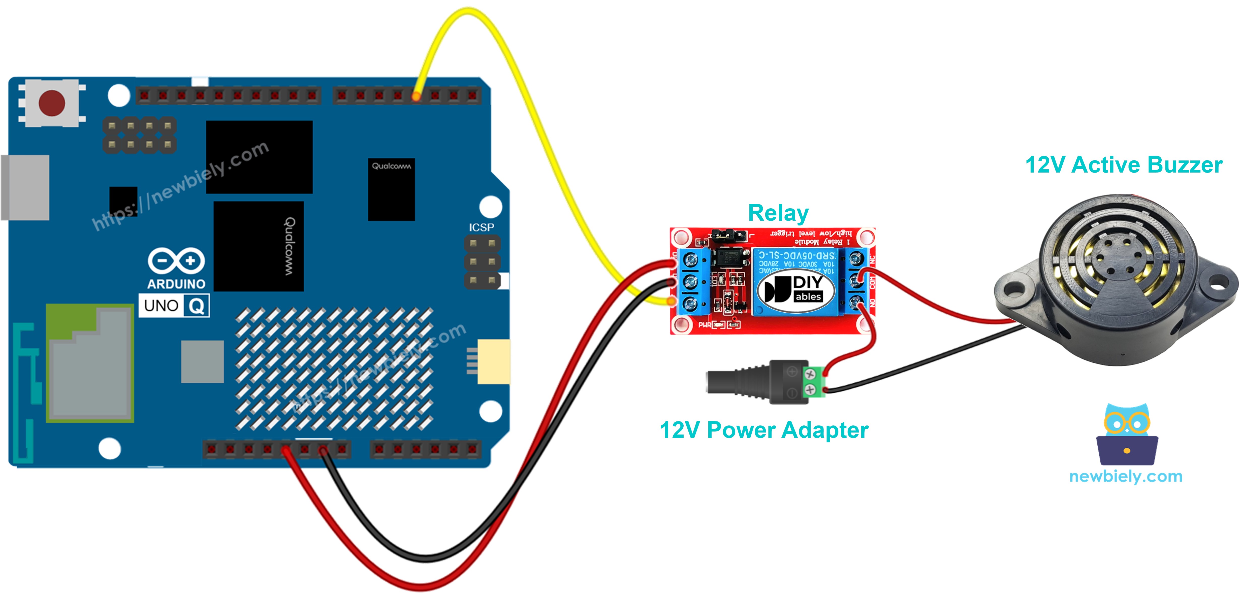 The wiring diagram between Arduino UNO Q 12V Active Buzzer