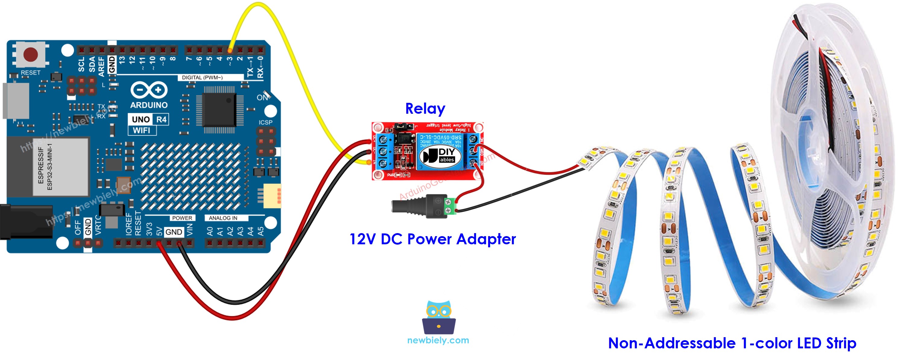 The wiring diagram between Arduino UNO Q 12V RGB LED Strip