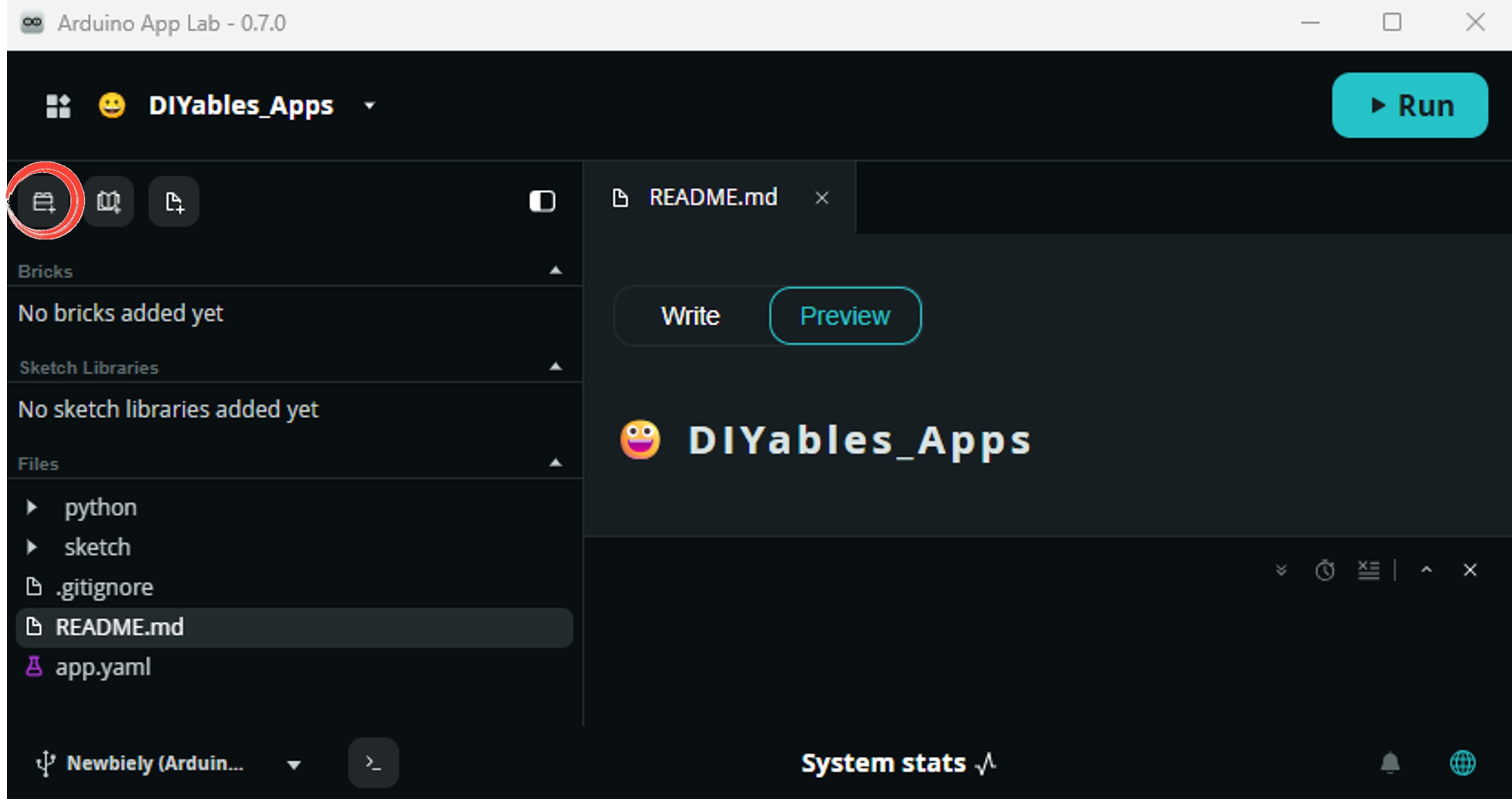 Add Brick button in Arduino App Lab Editor sidebar