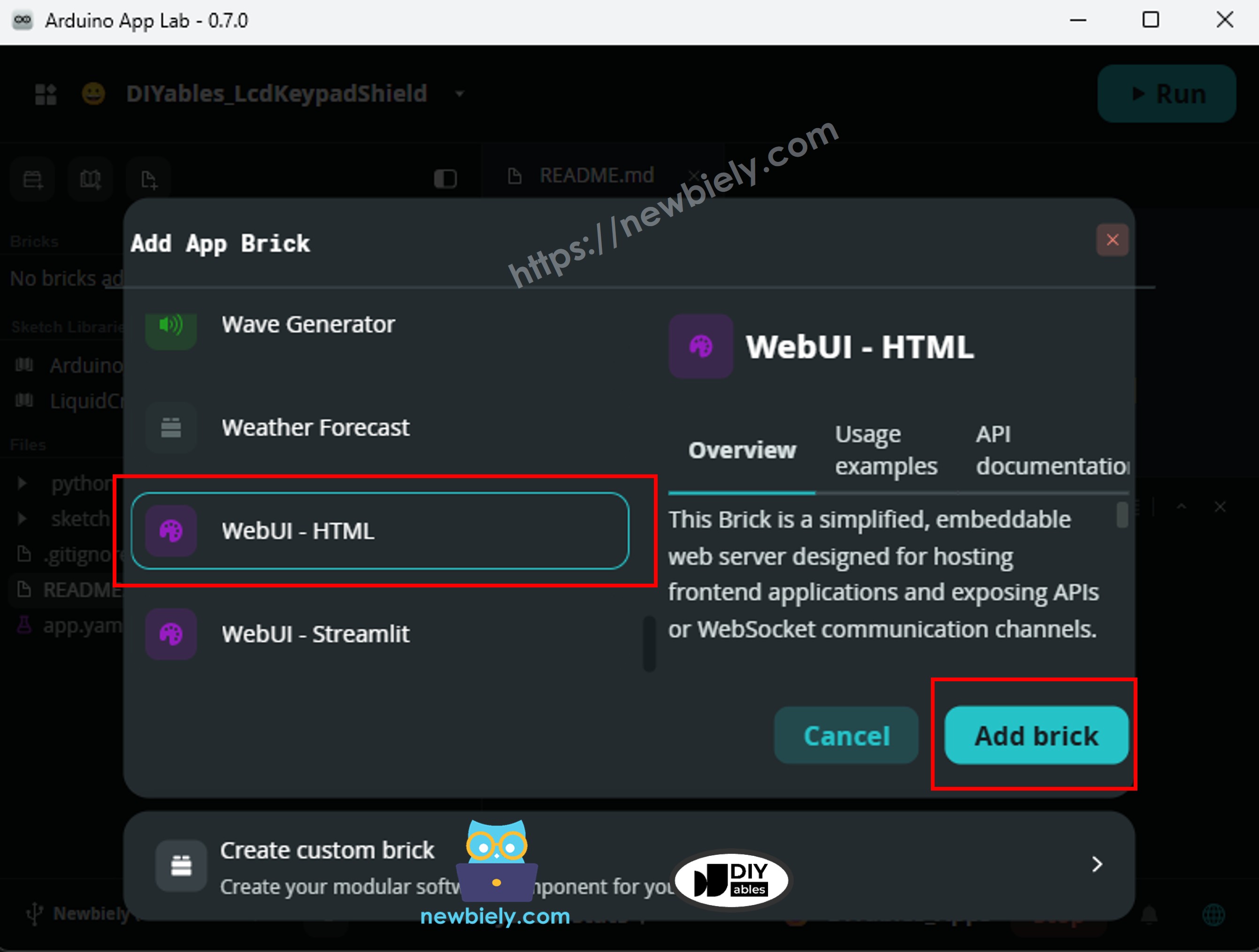 WebUI - HTML Brick selected in Arduino App Lab Bricks catalog