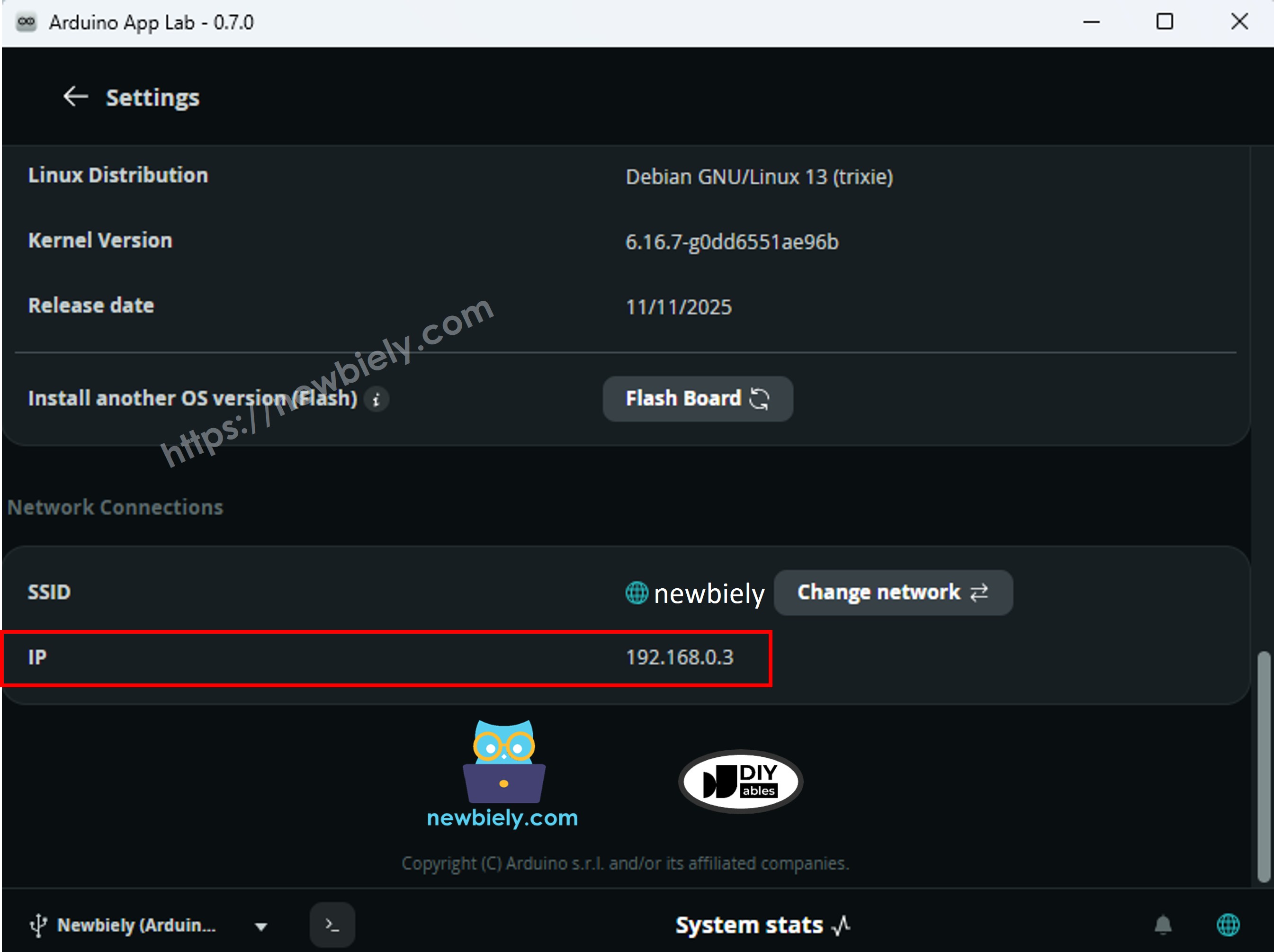 Arduino UNO Q IP address in Arduino App Lab settings
