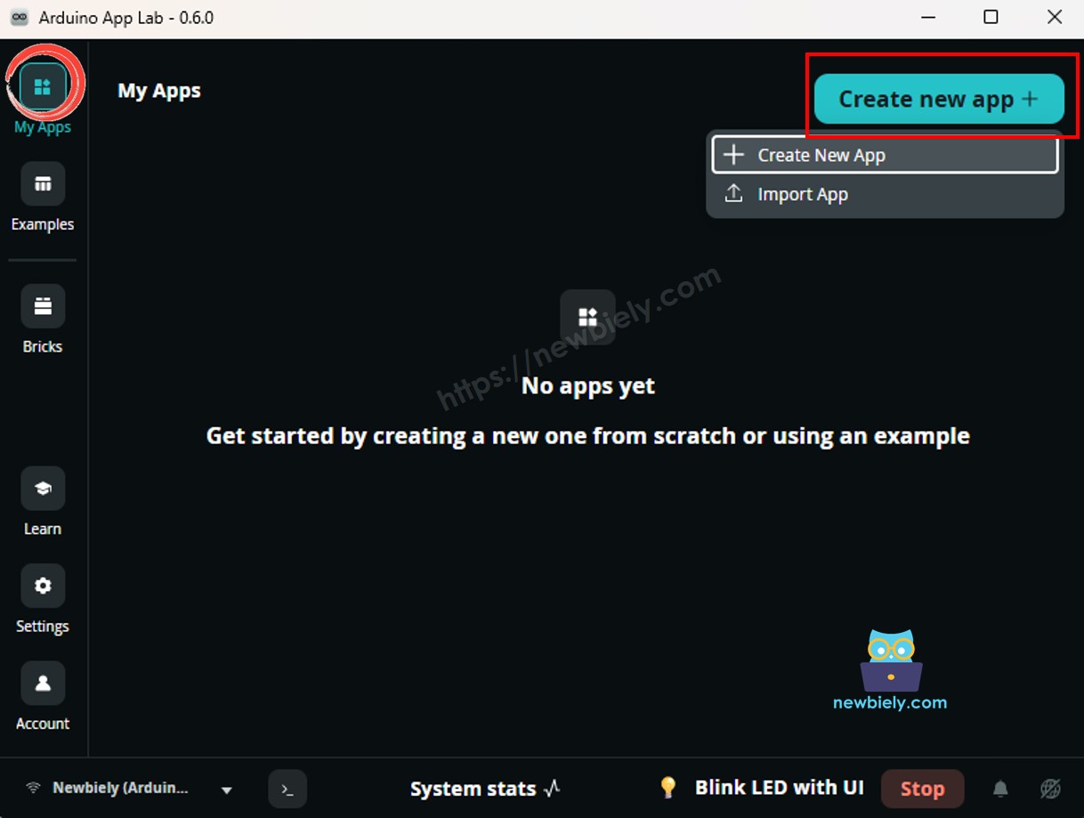 Create New App in Arduino App Lab on Arduino UNO Q