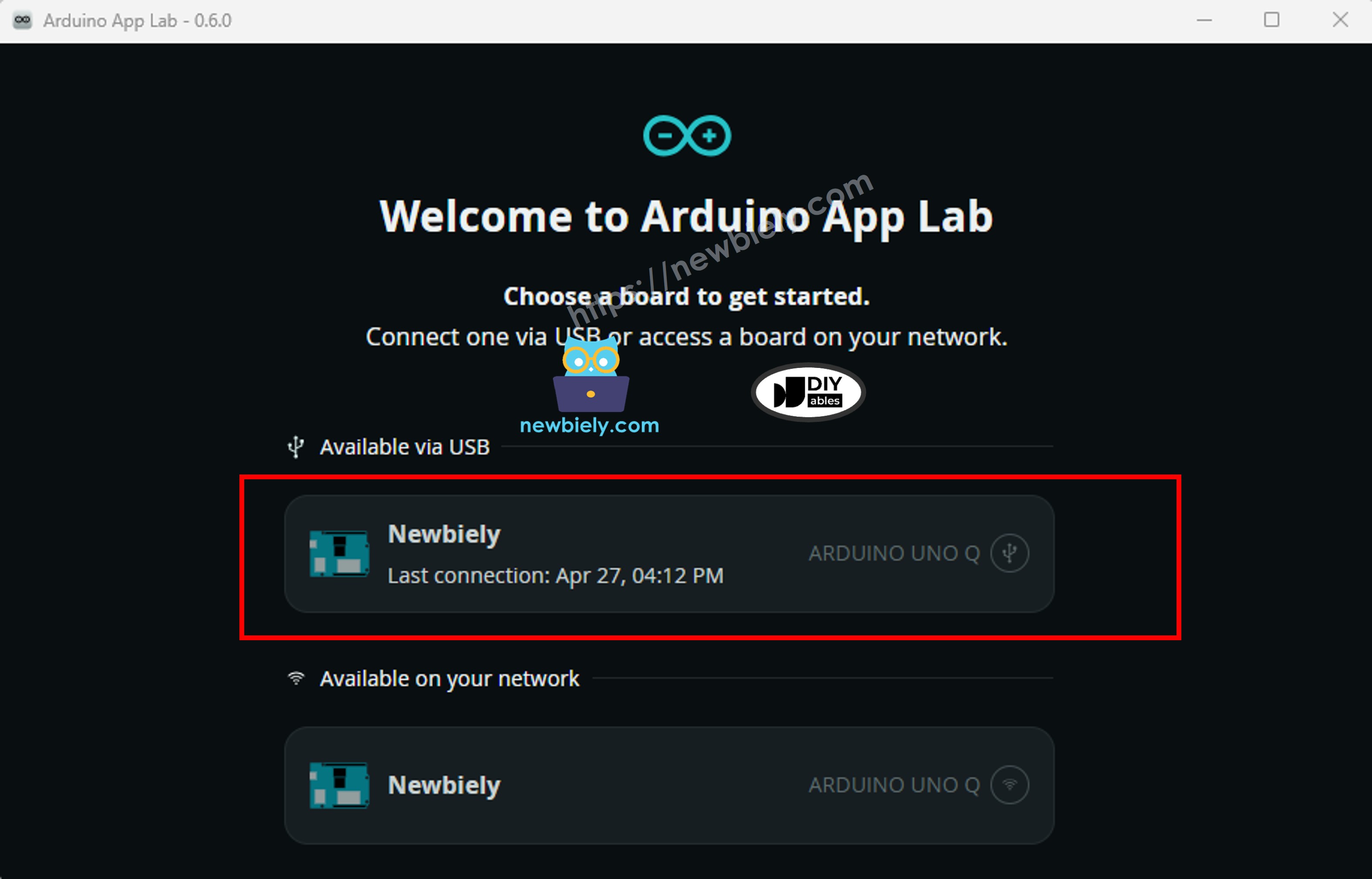 Arduino App Lab - Select Connection