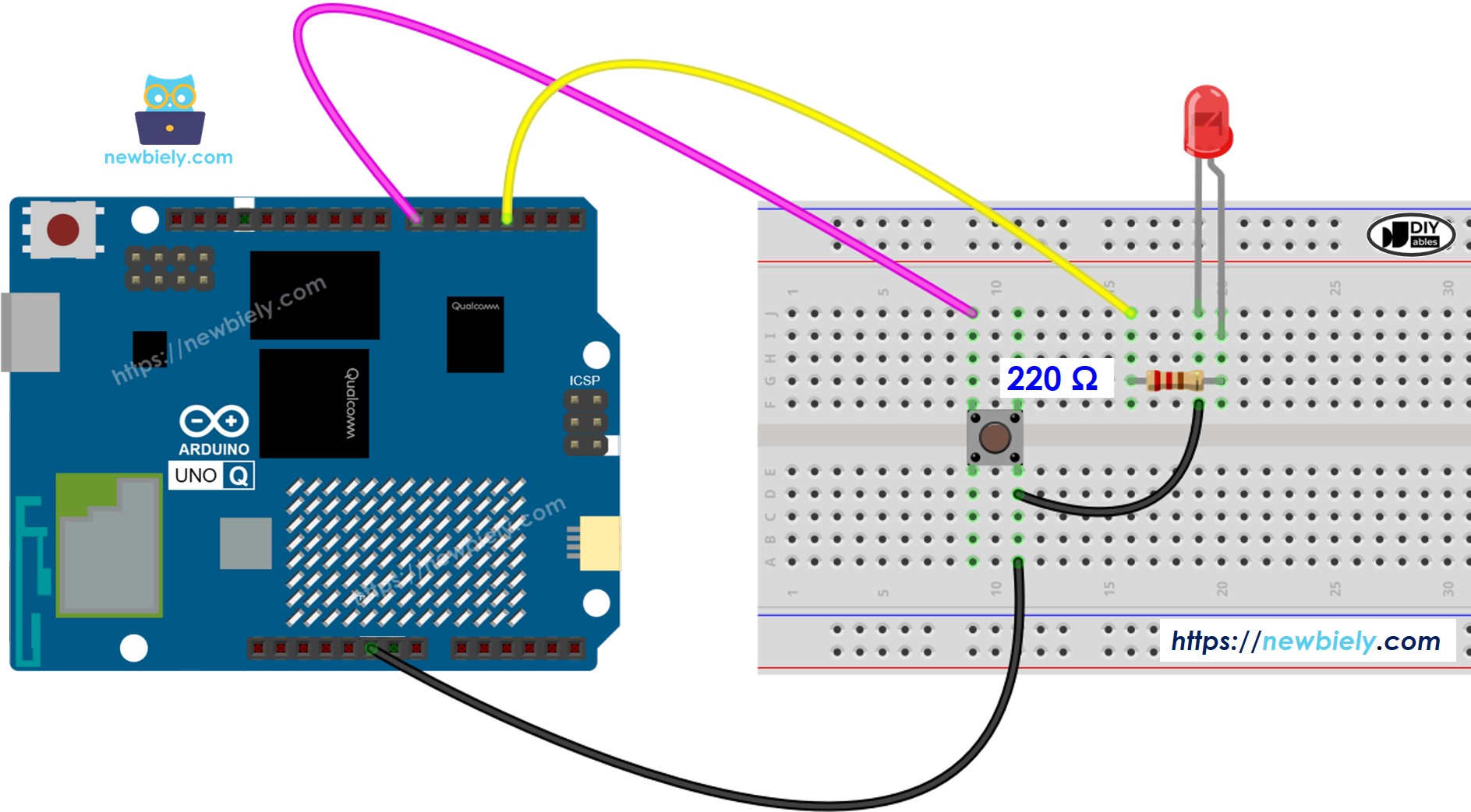 The wiring diagram between Arduino UNO Q Button LED