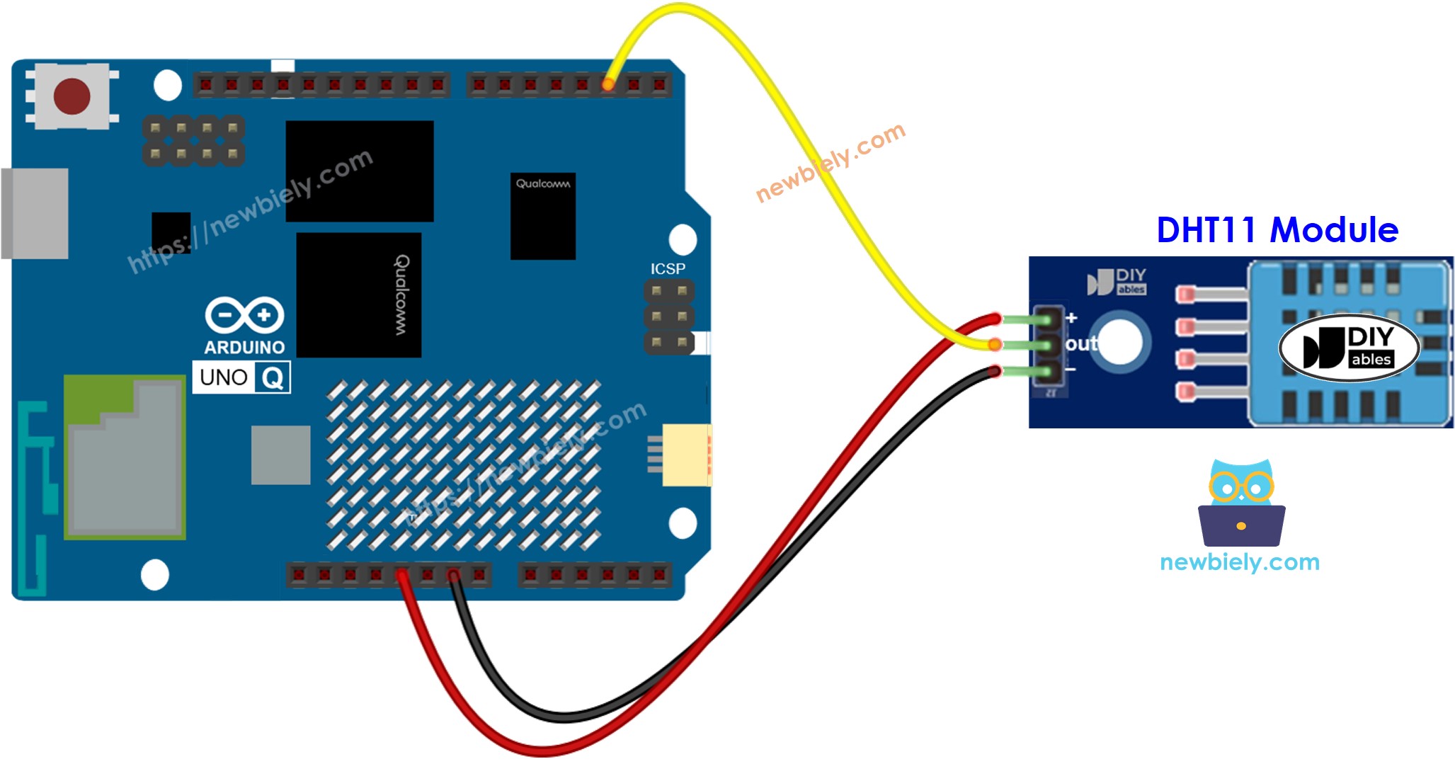 The wiring diagram between Arduino UNO Q DHT11 Module