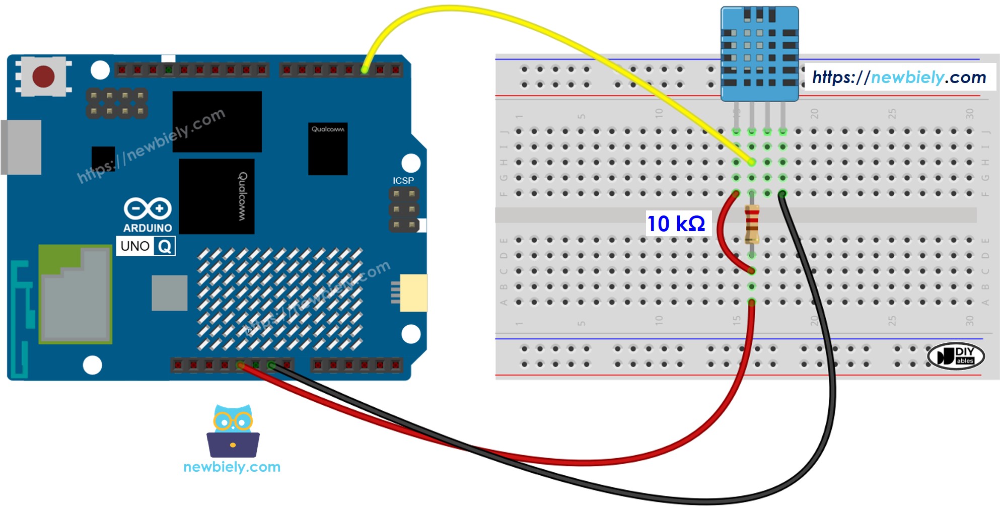 The wiring diagram between Arduino UNO Q DHT11 Sensor