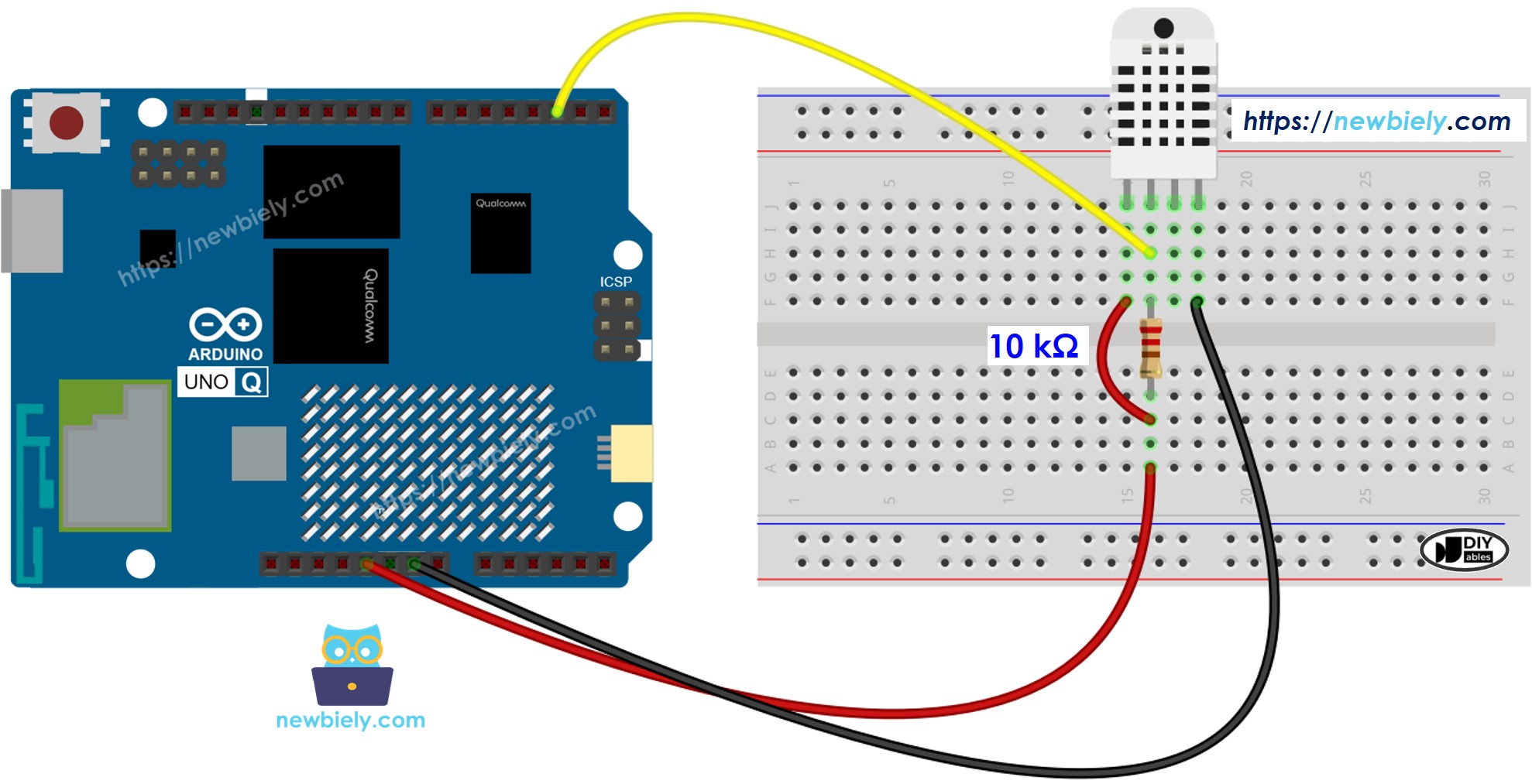 The wiring diagram between Arduino UNO Q DHT22 Sensor